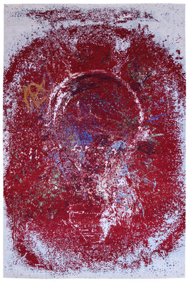 Crimson Red Silver Eroded Medallion Modern Abstract Hand Knotted Wool Viscose 85 KPSI 6.6x10 Area Rug