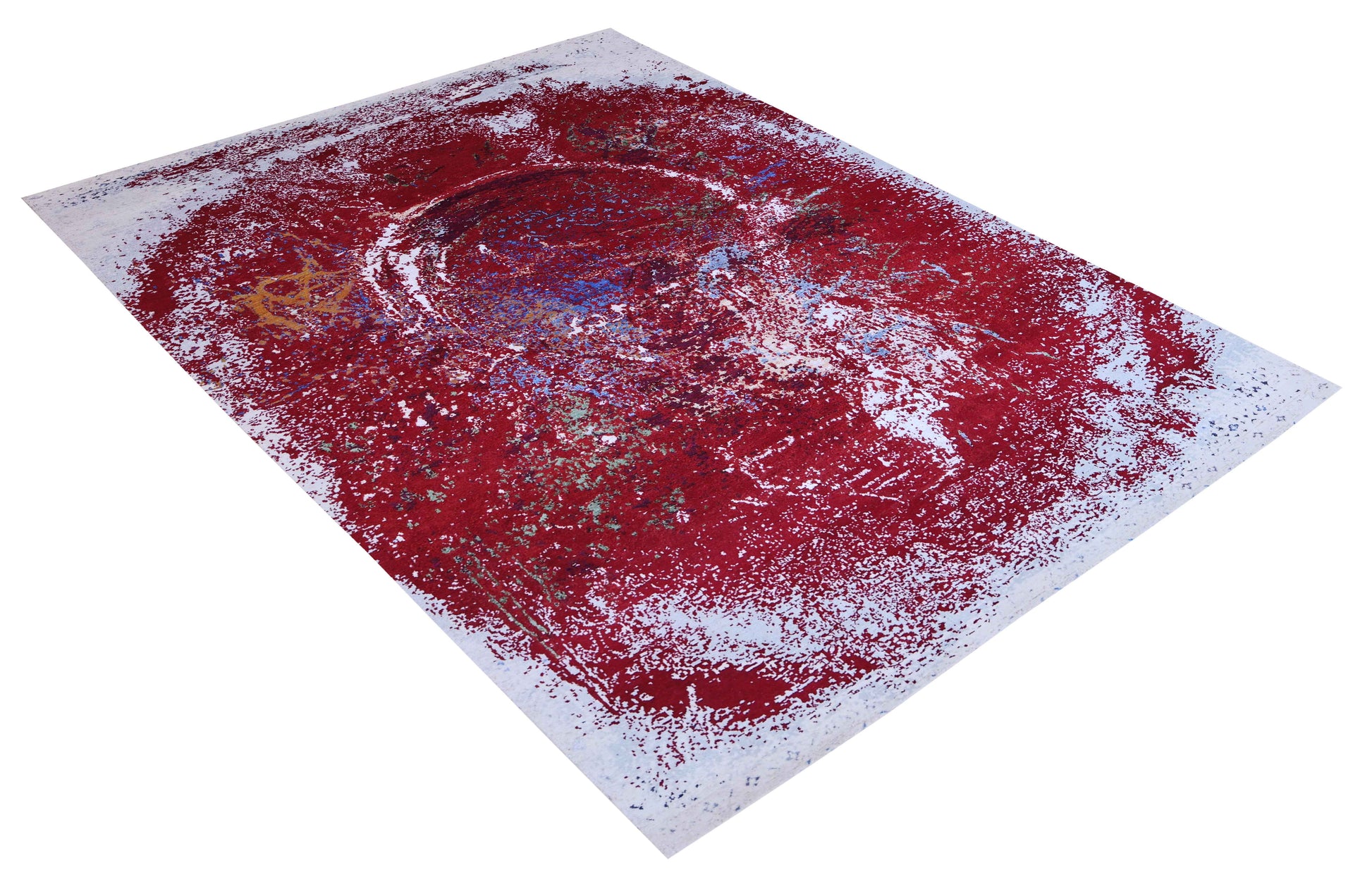 Crimson Red Silver Eroded Medallion Modern Abstract Hand Knotted Wool Viscose 85 KPSI 6.6x10 Area Rug