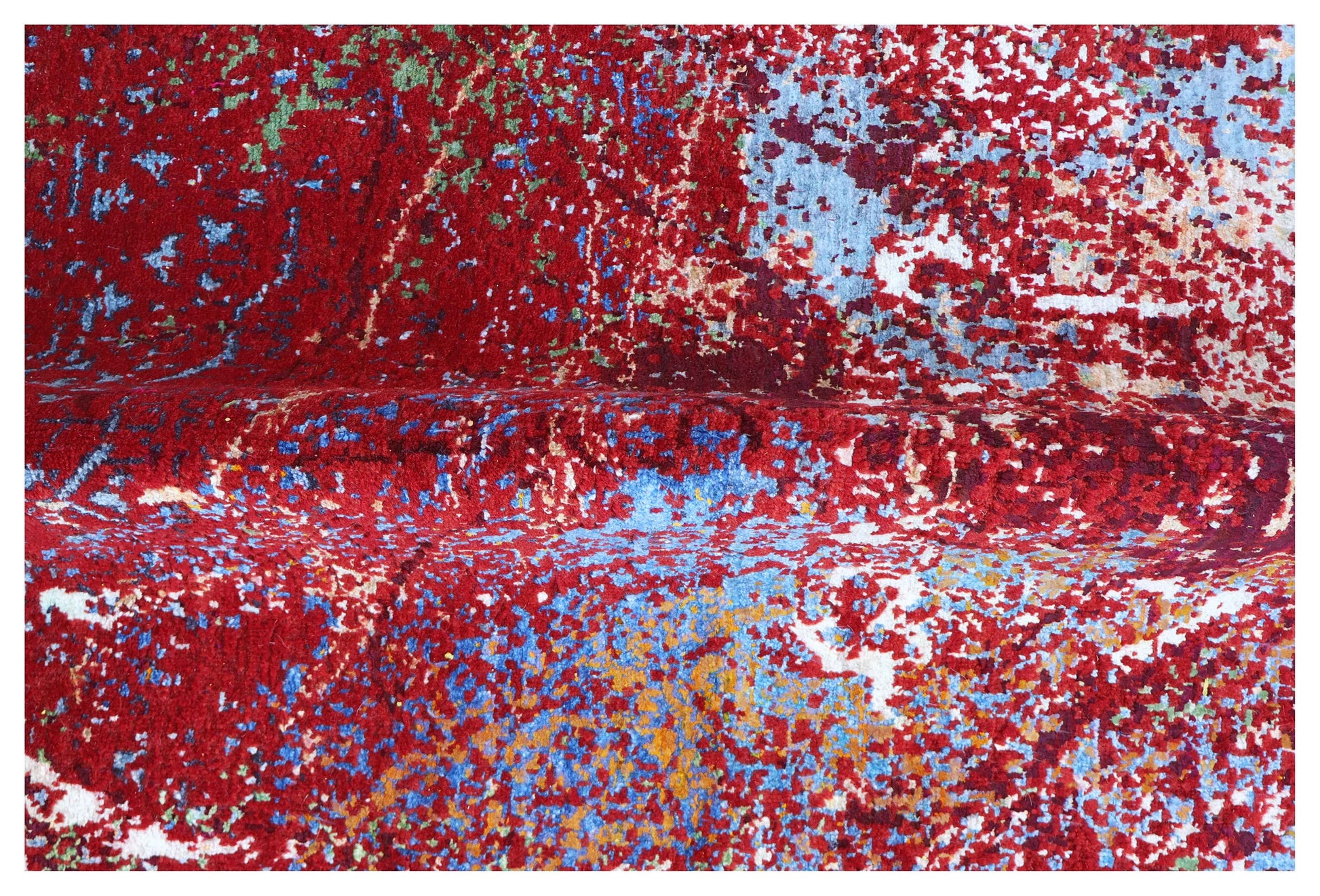 Crimson Red Silver Eroded Medallion Modern Abstract Hand Knotted Wool Viscose 85 KPSI 6.6x10 Area Rug