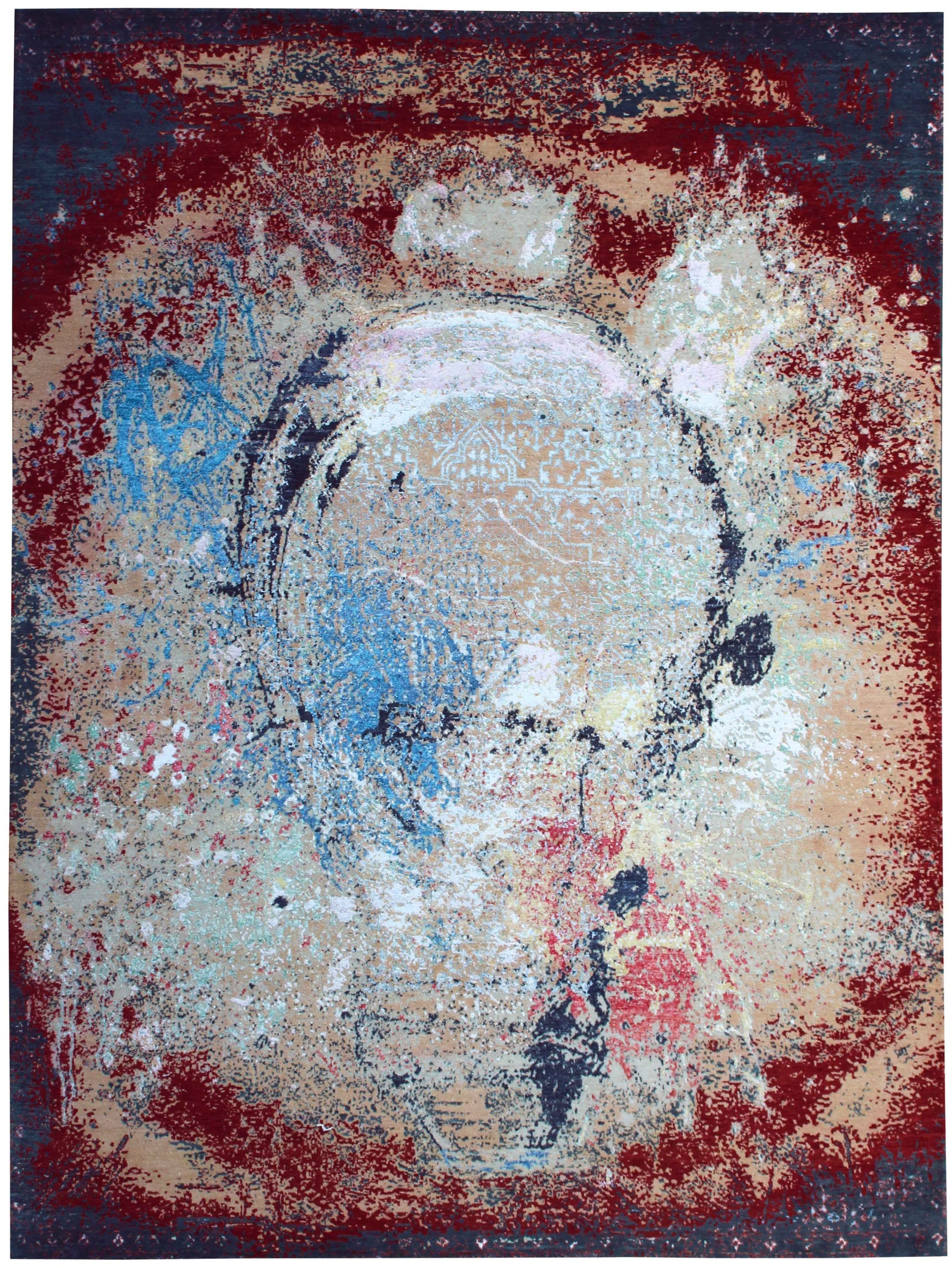 Burgundy Red Beige Silver Teal Eroded Medallion Modern Abstract Hand Knotted Wool Viscose 85 KPSI 8x10 Area Rug