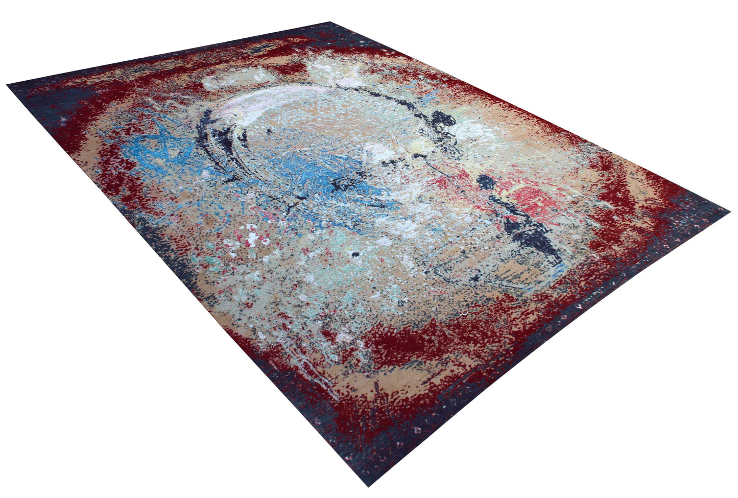 Burgundy Red Beige Silver Teal Eroded Medallion Modern Abstract Hand Knotted Wool Viscose 85 KPSI 8x10 Area Rug