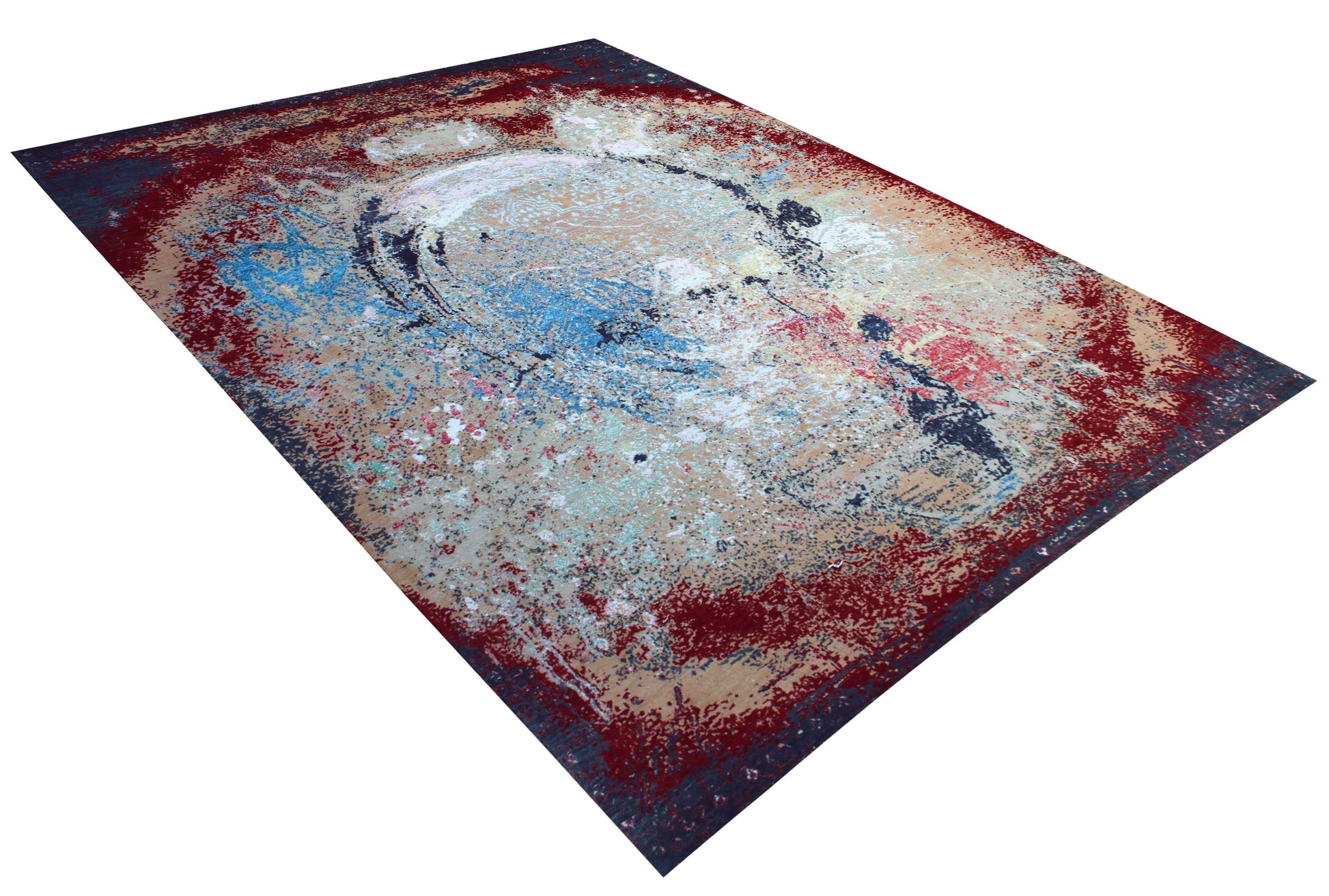 Burgundy Red Beige Silver Teal Eroded Medallion Modern Abstract Hand Knotted Wool Viscose 85 KPSI 8x10 Area Rug