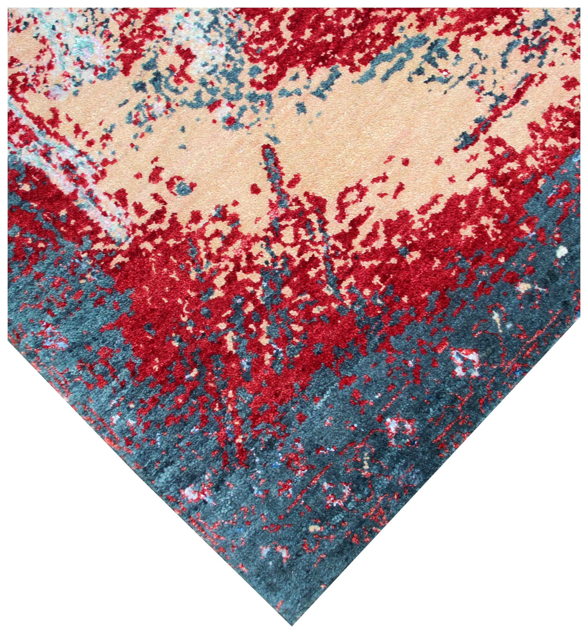 Burgundy Red Beige Silver Teal Eroded Medallion Modern Abstract Hand Knotted Wool Viscose 85 KPSI 8x10 Area Rug