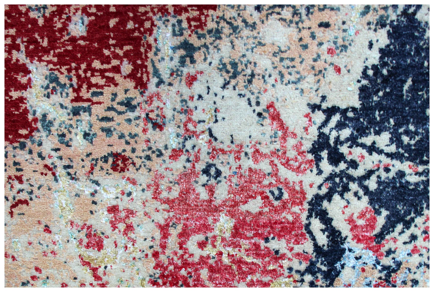 Burgundy Red Beige Silver Teal Eroded Medallion Modern Abstract Hand Knotted Wool Viscose 85 KPSI 8x10 Area Rug