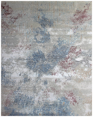 8x10 Hand Knotted Wool Viscose Silver Ivory Steel Blue Burgundy Modern Abstract Watercolour Bhadohi Area Rug