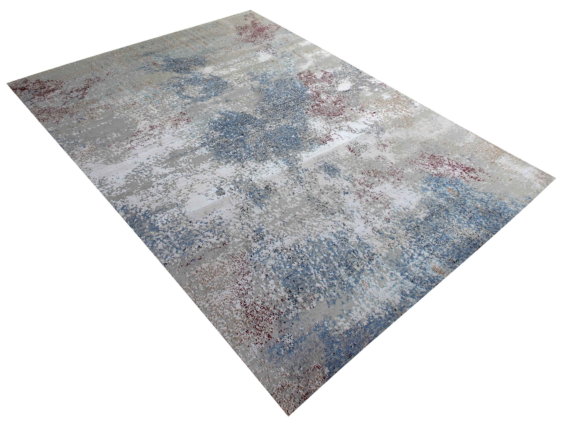 8x10 Hand Knotted Wool Viscose Silver Ivory Steel Blue Burgundy Modern Abstract Watercolour Bhadohi Area Rug