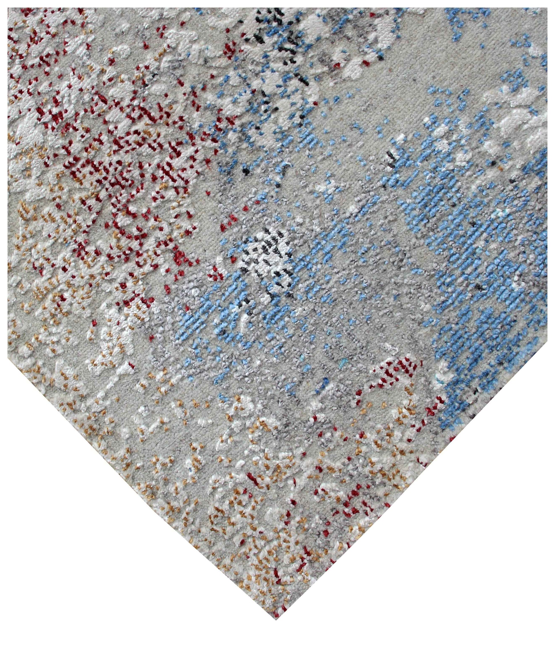 8x10 Hand Knotted Wool Viscose Silver Ivory Steel Blue Burgundy Modern Abstract Watercolour Bhadohi Area Rug
