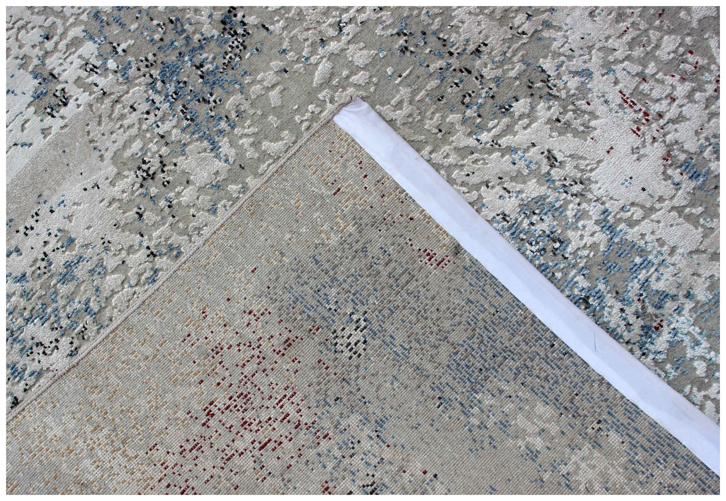 8x10 Hand Knotted Wool Viscose Silver Ivory Steel Blue Burgundy Modern Abstract Watercolour Bhadohi Area Rug