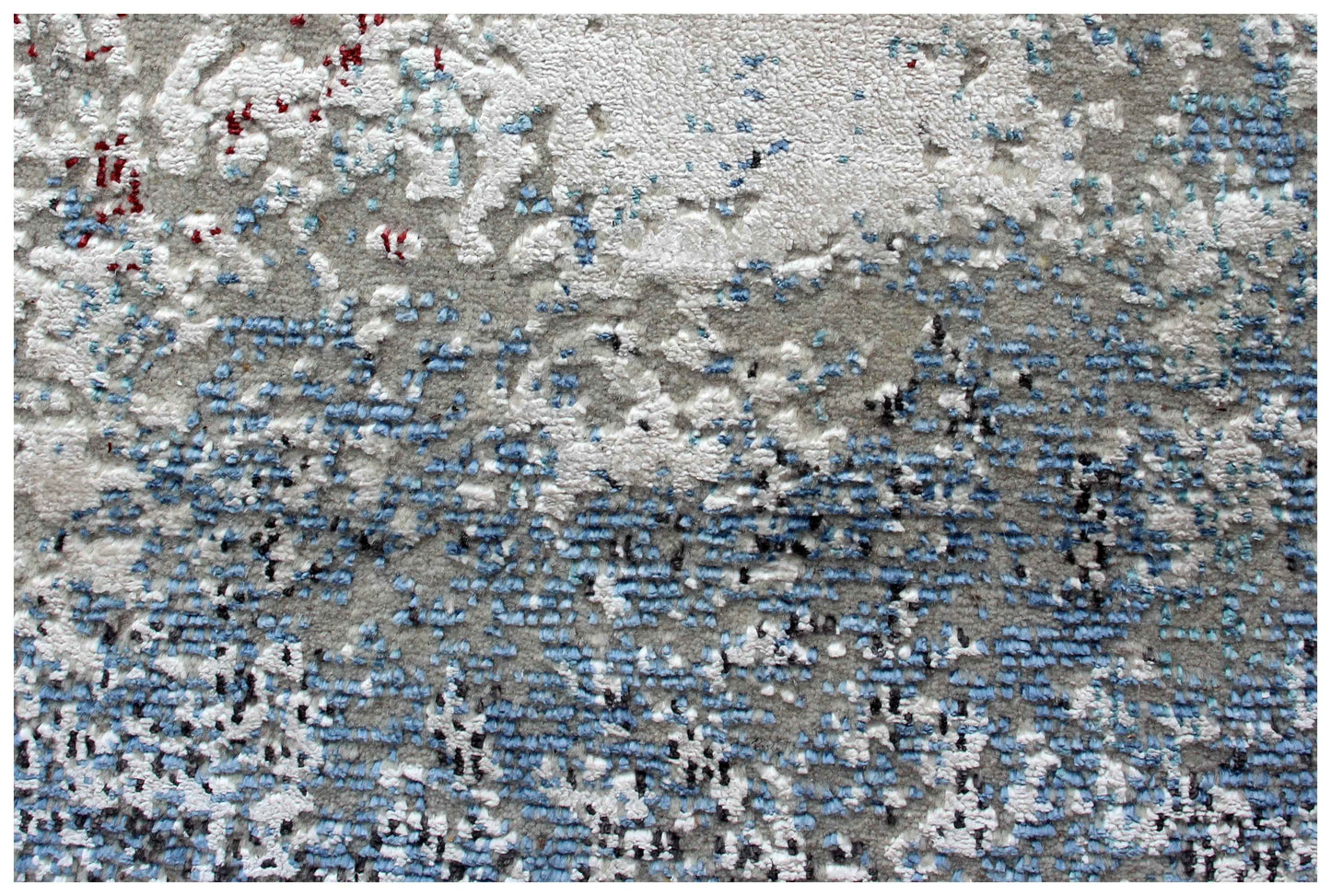 8x10 Hand Knotted Wool Viscose Silver Ivory Steel Blue Burgundy Modern Abstract Watercolour Bhadohi Area Rug