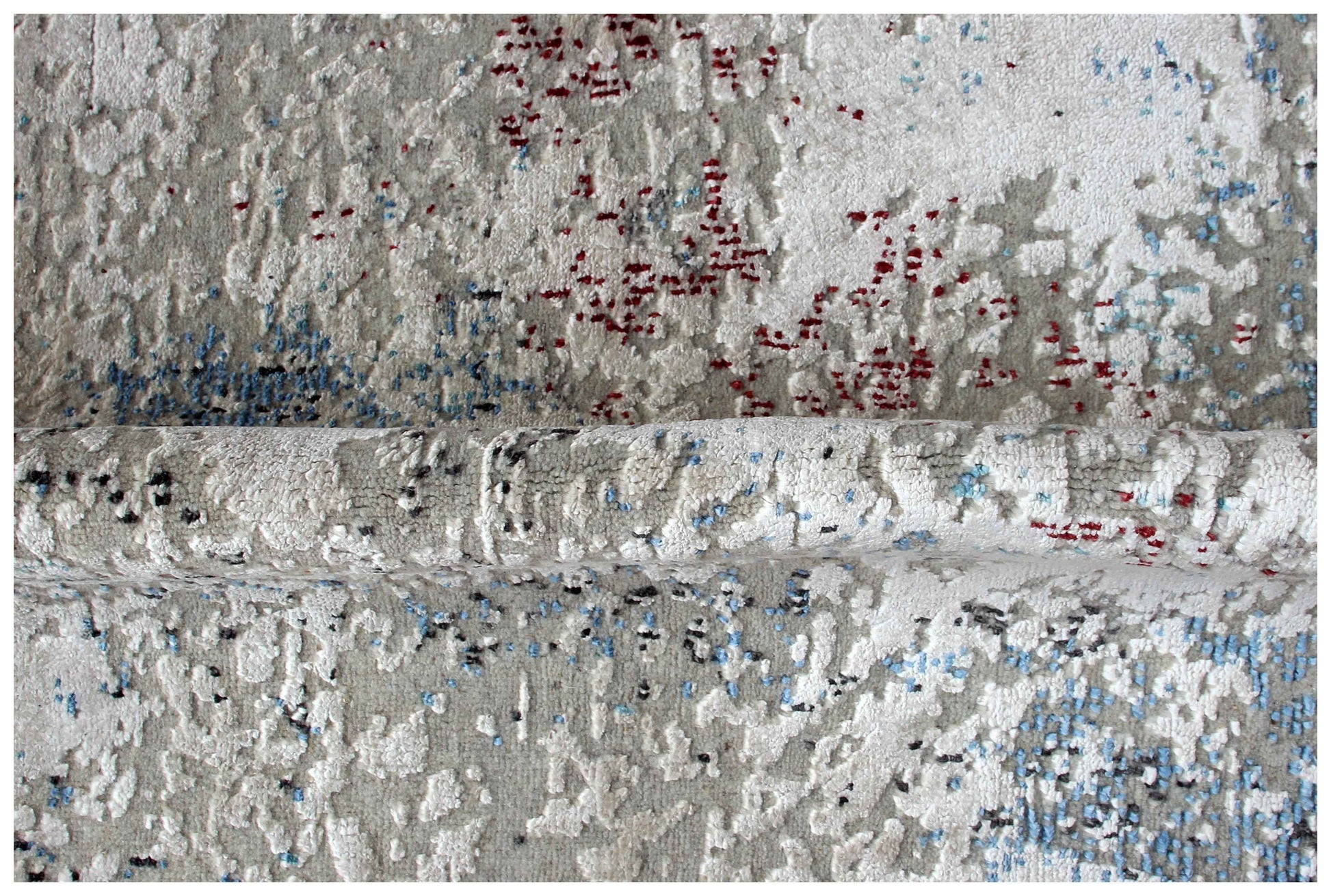 8x10 Hand Knotted Wool Viscose Silver Ivory Steel Blue Burgundy Modern Abstract Watercolour Bhadohi Area Rug