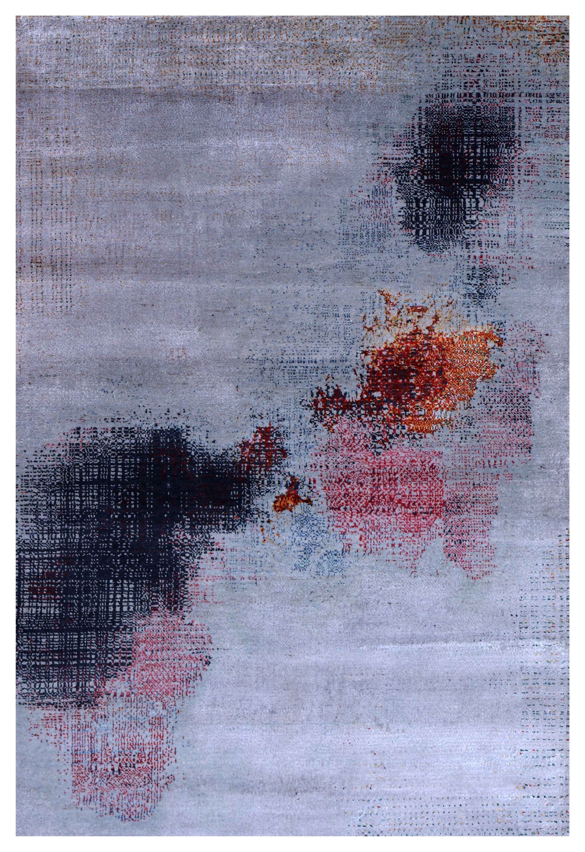 Silver Grey Charcoal Copper Blush Pixel Modern Abstract Hand Knotted Wool Viscose 85 KPSI 4x6 Area Rug