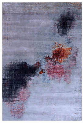 Silver Grey Charcoal Copper Blush Pixel Modern Abstract Hand Knotted Wool Viscose 85 KPSI 4x6 Area Rug