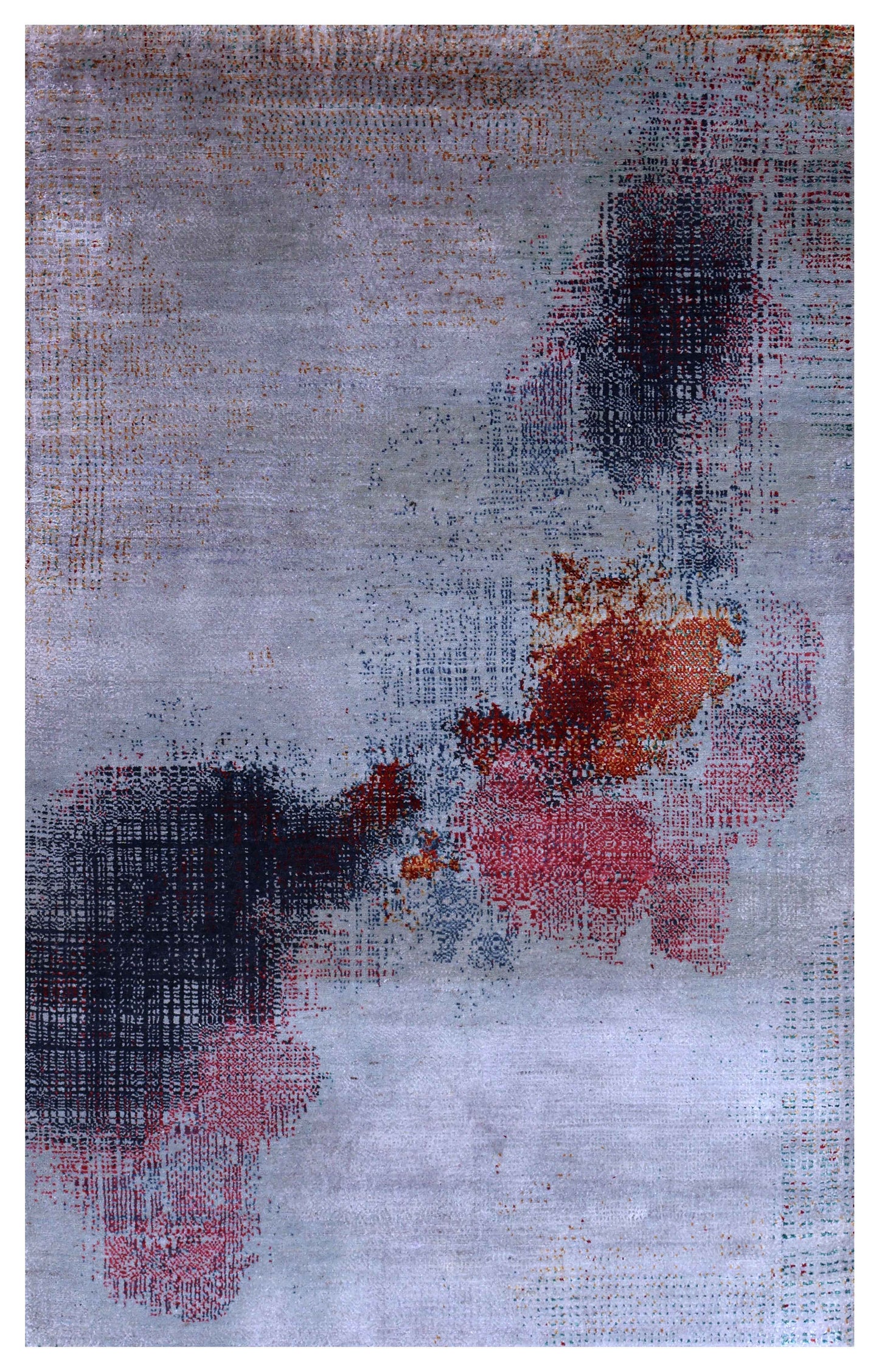Silver Grey Charcoal Copper Blush Pixel Modern Abstract Hand Knotted Wool Viscose 85 KPSI 4x6.6 Area Rug