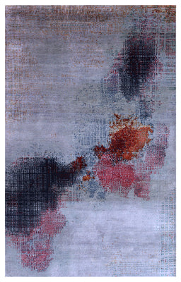 Silver Grey Charcoal Copper Blush Pixel Modern Abstract Hand Knotted Wool Viscose 85 KPSI 4x6.6 Area Rug