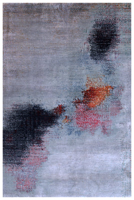 Silver Blue Grey Charcoal Copper Blush Pixel Modern Abstract Hand Knotted Wool Viscose 85 KPSI 4.6x6.6 Area Rug