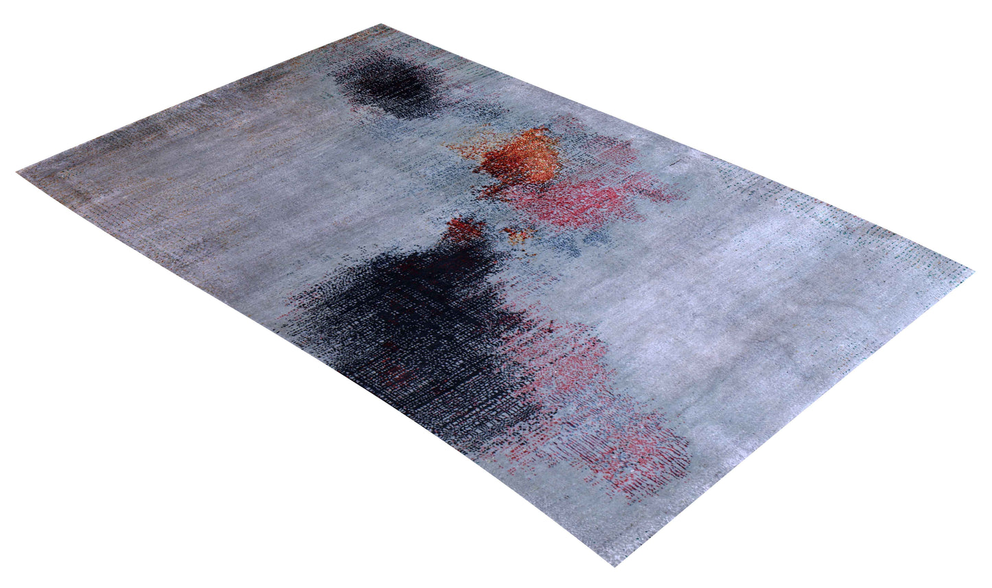 Silver Blue Grey Charcoal Copper Blush Pixel Modern Abstract Hand Knotted Wool Viscose 85 KPSI 4.6x6.6 Area Rug