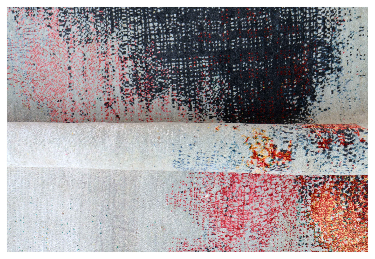 Silver Blue Grey Charcoal Copper Blush Pixel Modern Abstract Hand Knotted Wool Viscose 85 KPSI 4.6x6.6 Area Rug