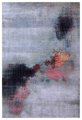 Silver Grey Charcoal Crimson Copper Blush Pixel Modern Abstract Hand Knotted Wool Viscose 85 KPSI 4.6x6.6 Area Rug