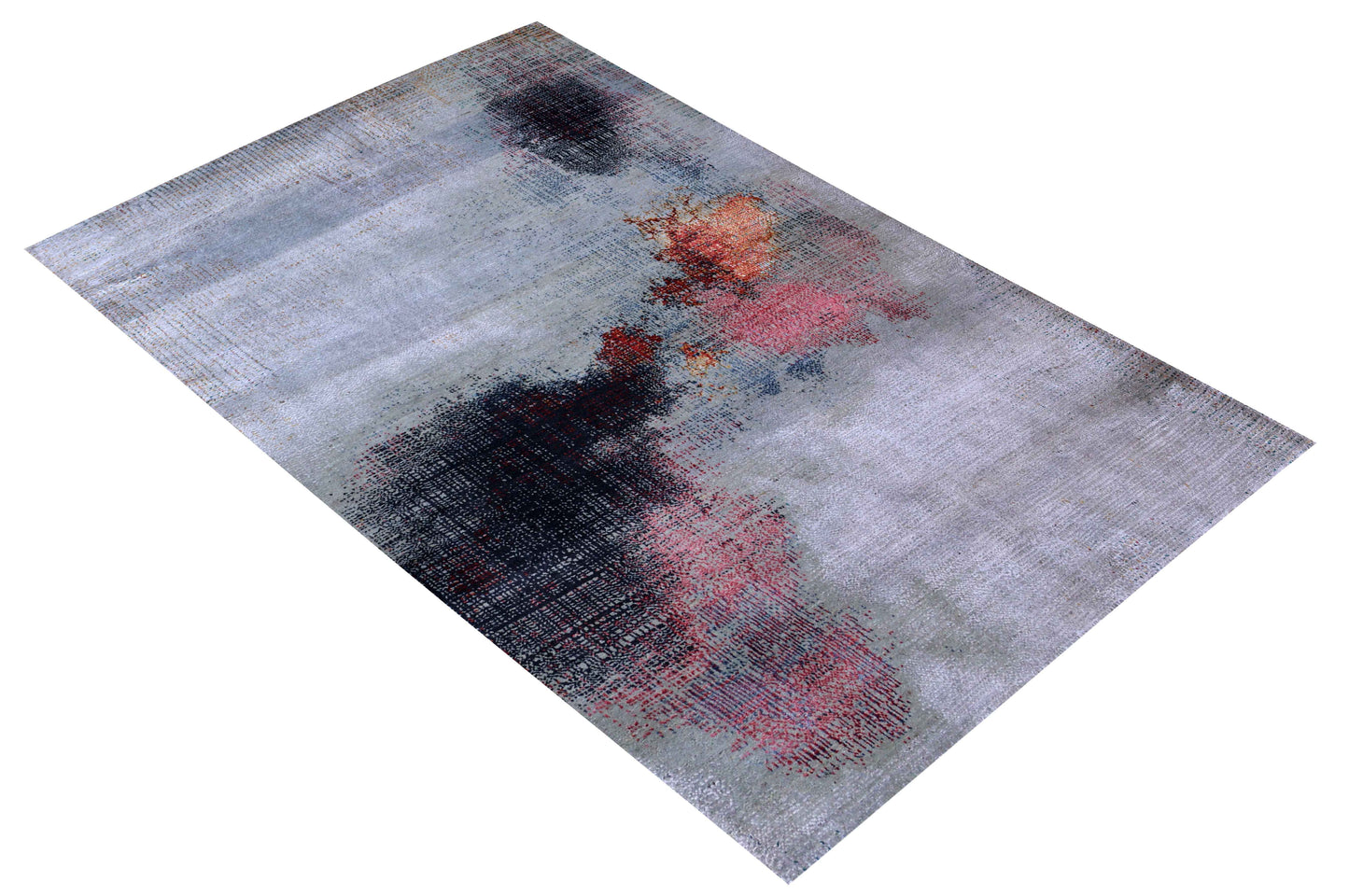 Silver Grey Charcoal Crimson Copper Blush Pixel Modern Abstract Hand Knotted Wool Viscose 85 KPSI 4.6x6.6 Area Rug