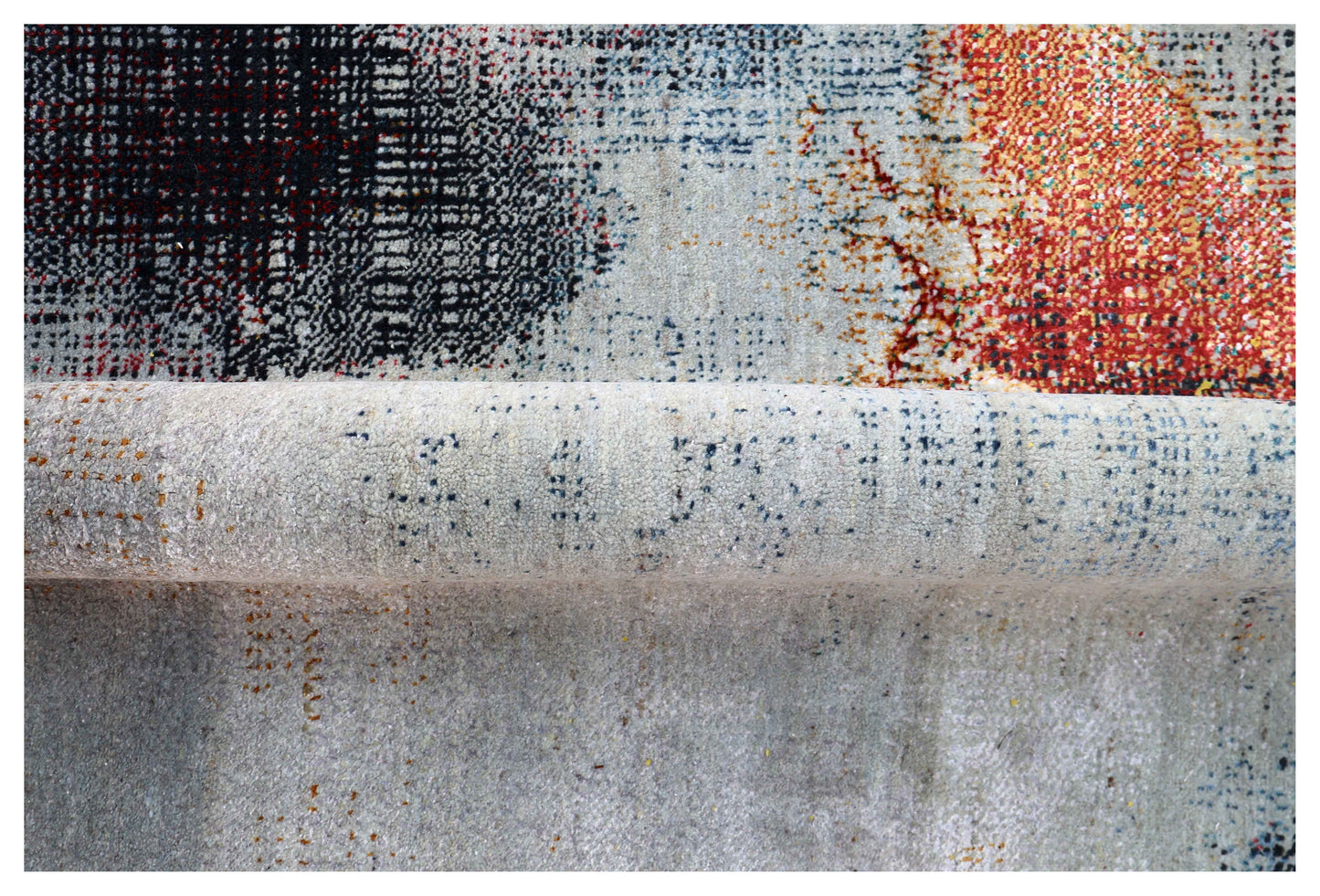 Silver Grey Charcoal Crimson Copper Blush Pixel Modern Abstract Hand Knotted Wool Viscose 85 KPSI 4.6x6.6 Area Rug