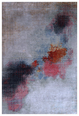 Silver Beige Grey Charcoal Crimson Copper Blush Pixel Modern Abstract Hand Knotted Wool Viscose 85 KPSI 5.6x8 Area Rug