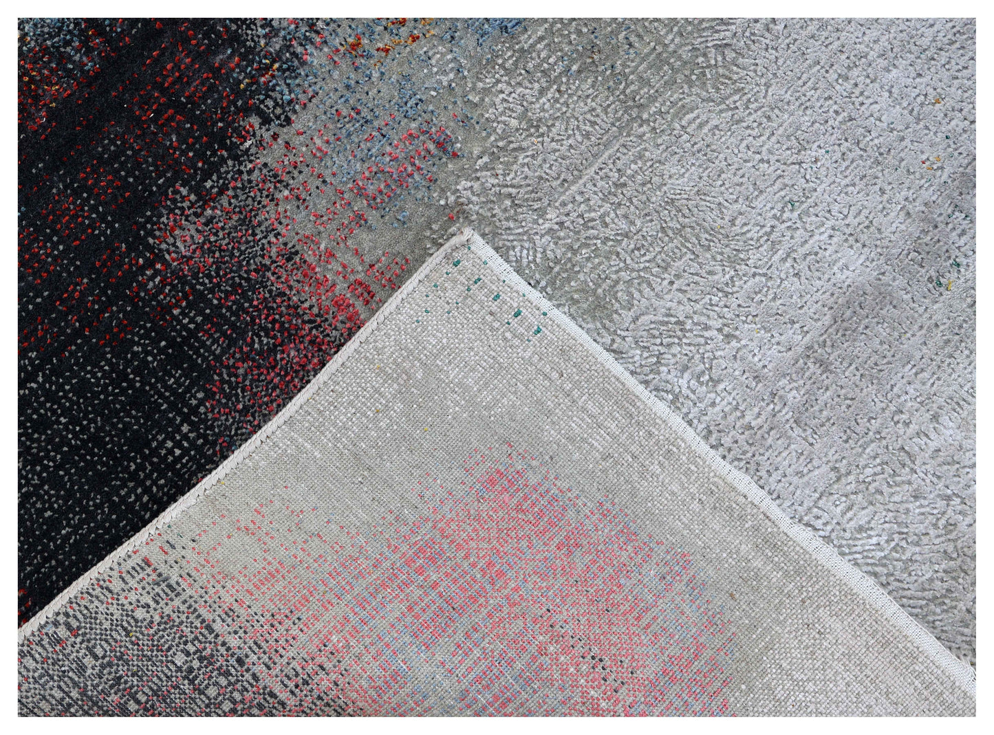 Silver Beige Grey Charcoal Crimson Copper Blush Pixel Modern Abstract Hand Knotted Wool Viscose 85 KPSI 5.6x8 Area Rug