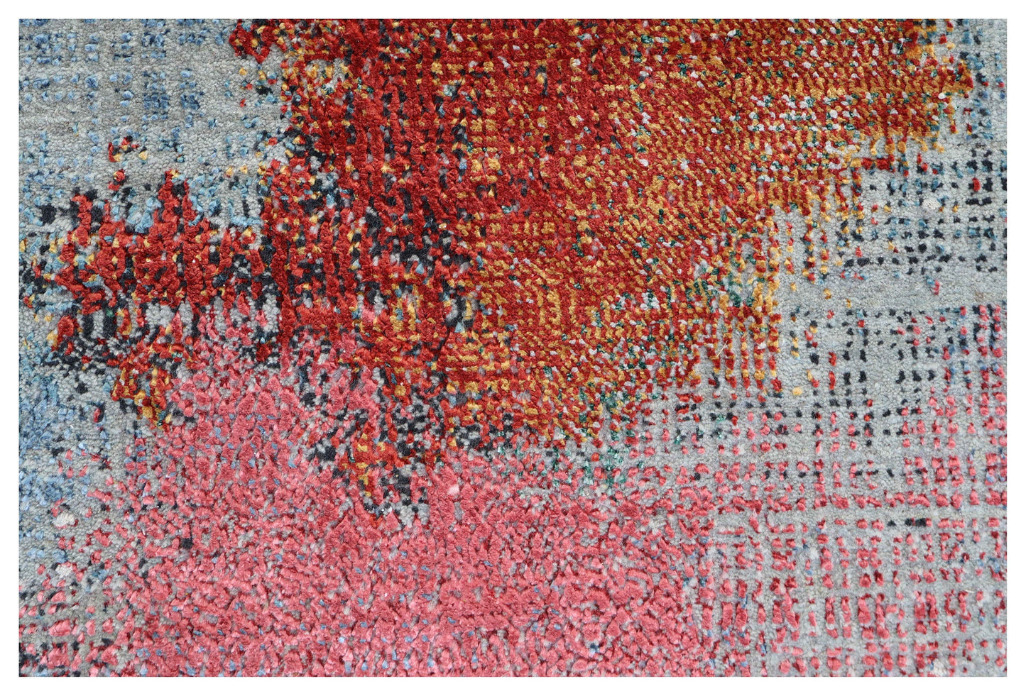 Silver Beige Grey Charcoal Crimson Copper Blush Pixel Modern Abstract Hand Knotted Wool Viscose 85 KPSI 5.6x8 Area Rug