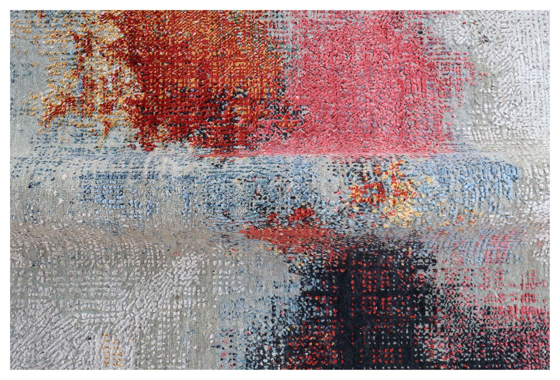Silver Beige Grey Charcoal Crimson Copper Blush Pixel Modern Abstract Hand Knotted Wool Viscose 85 KPSI 5.6x8 Area Rug