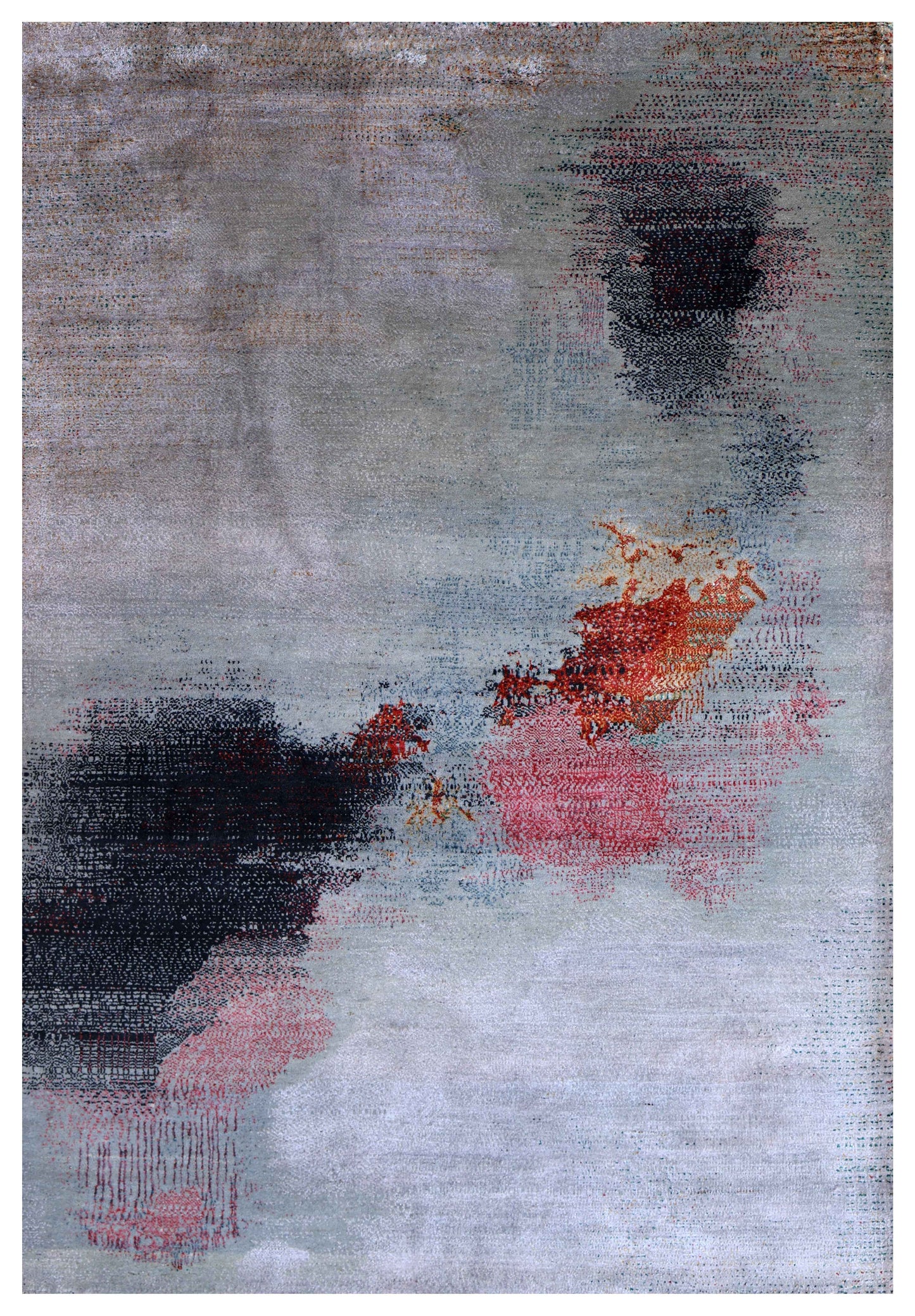 Silver Blue Grey Charcoal Crimson Copper Blush Pixel Modern Abstract Hand Knotted Wool Viscose 85 KPSI 5.6x8 Area Rug