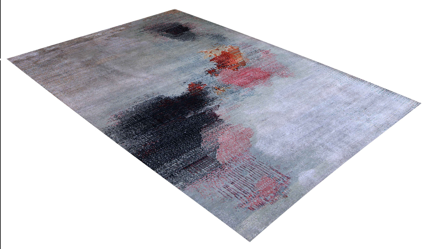 Silver Blue Grey Charcoal Crimson Copper Blush Pixel Modern Abstract Hand Knotted Wool Viscose 85 KPSI 5.6x8 Area Rug