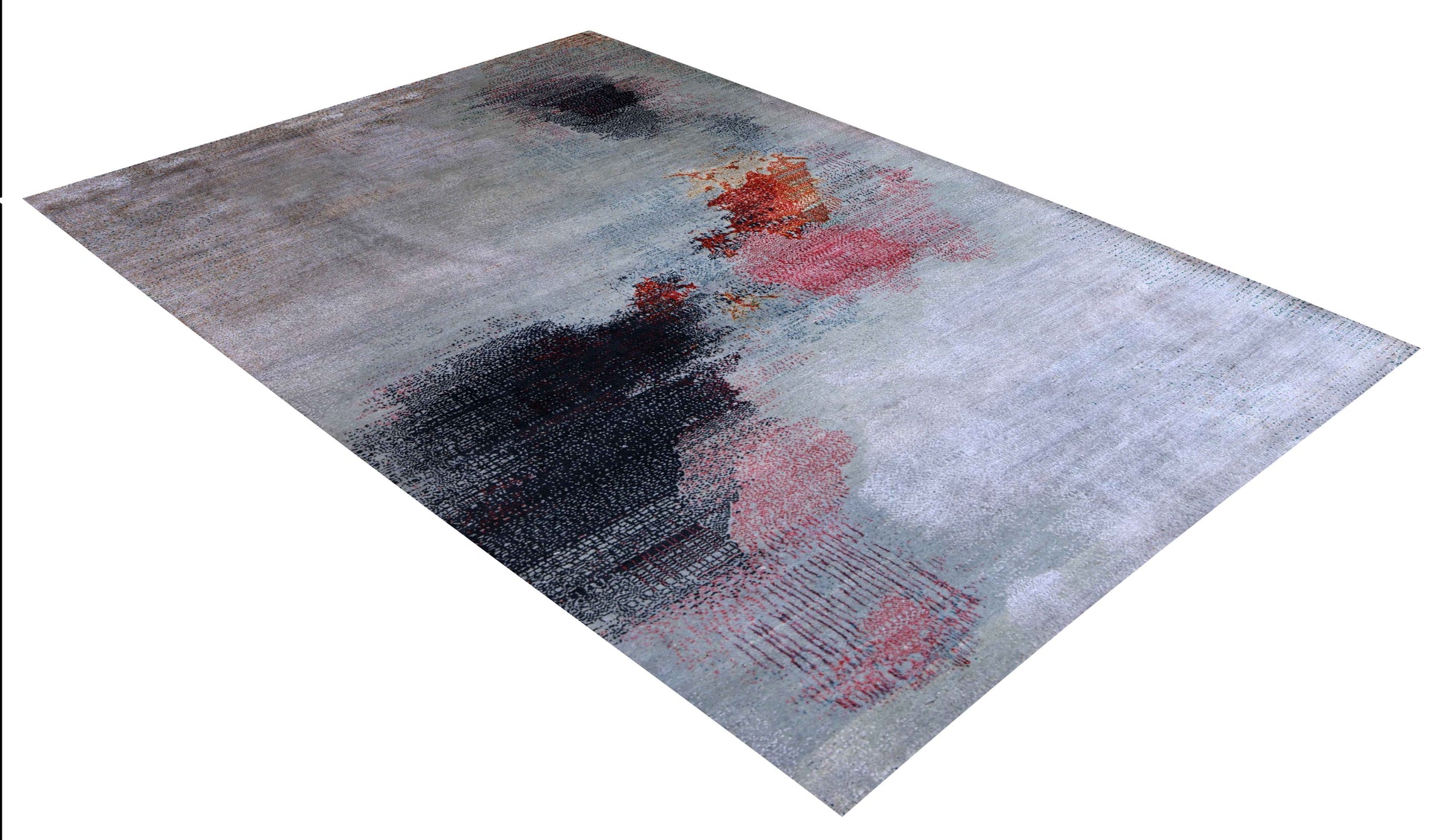 Silver Blue Grey Charcoal Crimson Copper Blush Pixel Modern Abstract Hand Knotted Wool Viscose 85 KPSI 5.6x8 Area Rug