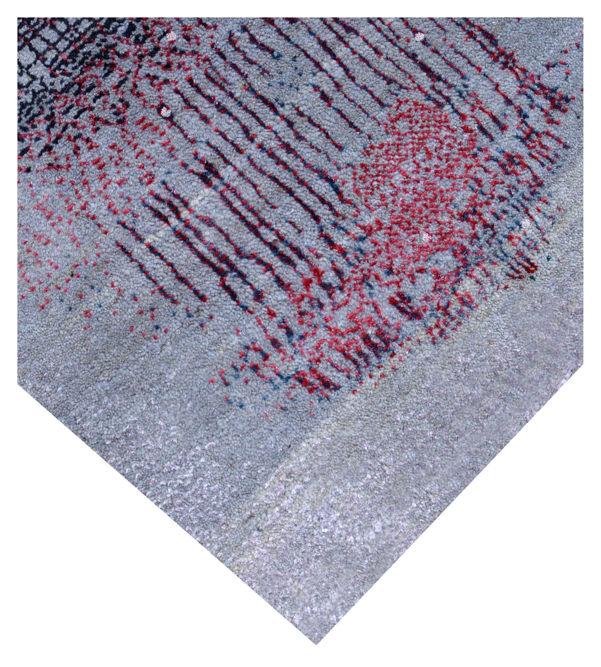 Silver Blue Grey Charcoal Crimson Copper Blush Pixel Modern Abstract Hand Knotted Wool Viscose 85 KPSI 5.6x8 Area Rug