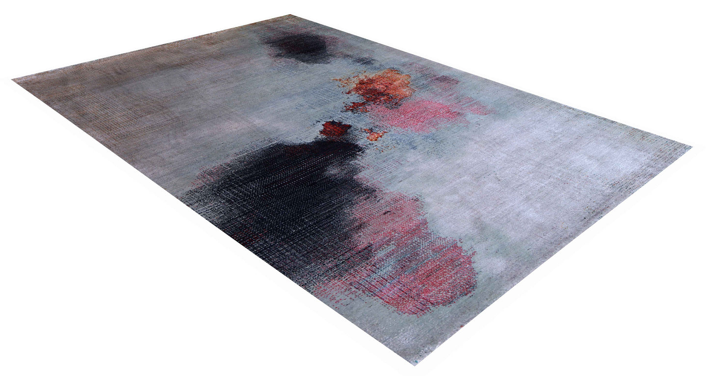 Silver Grey Charcoal Copper Crimson Blush Pixel Modern Abstract Hand Knotted Wool Viscose 85 KPSI 6.6x10 Area Rug
