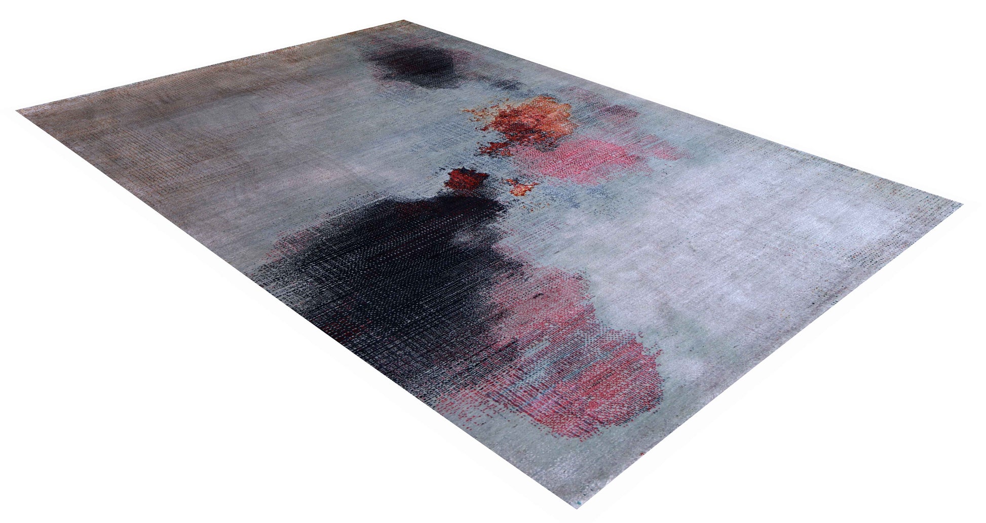Silver Grey Charcoal Copper Crimson Blush Pixel Modern Abstract Hand Knotted Wool Viscose 85 KPSI 6.6x10 Area Rug