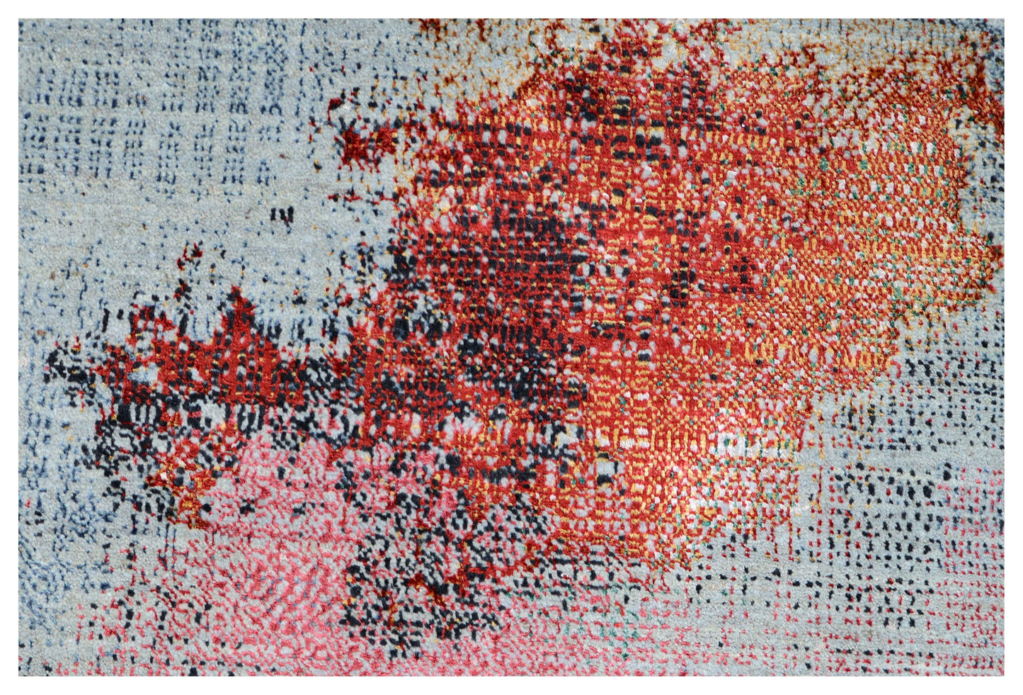 Silver Grey Charcoal Copper Crimson Blush Pixel Modern Abstract Hand Knotted Wool Viscose 85 KPSI 6.6x10 Area Rug