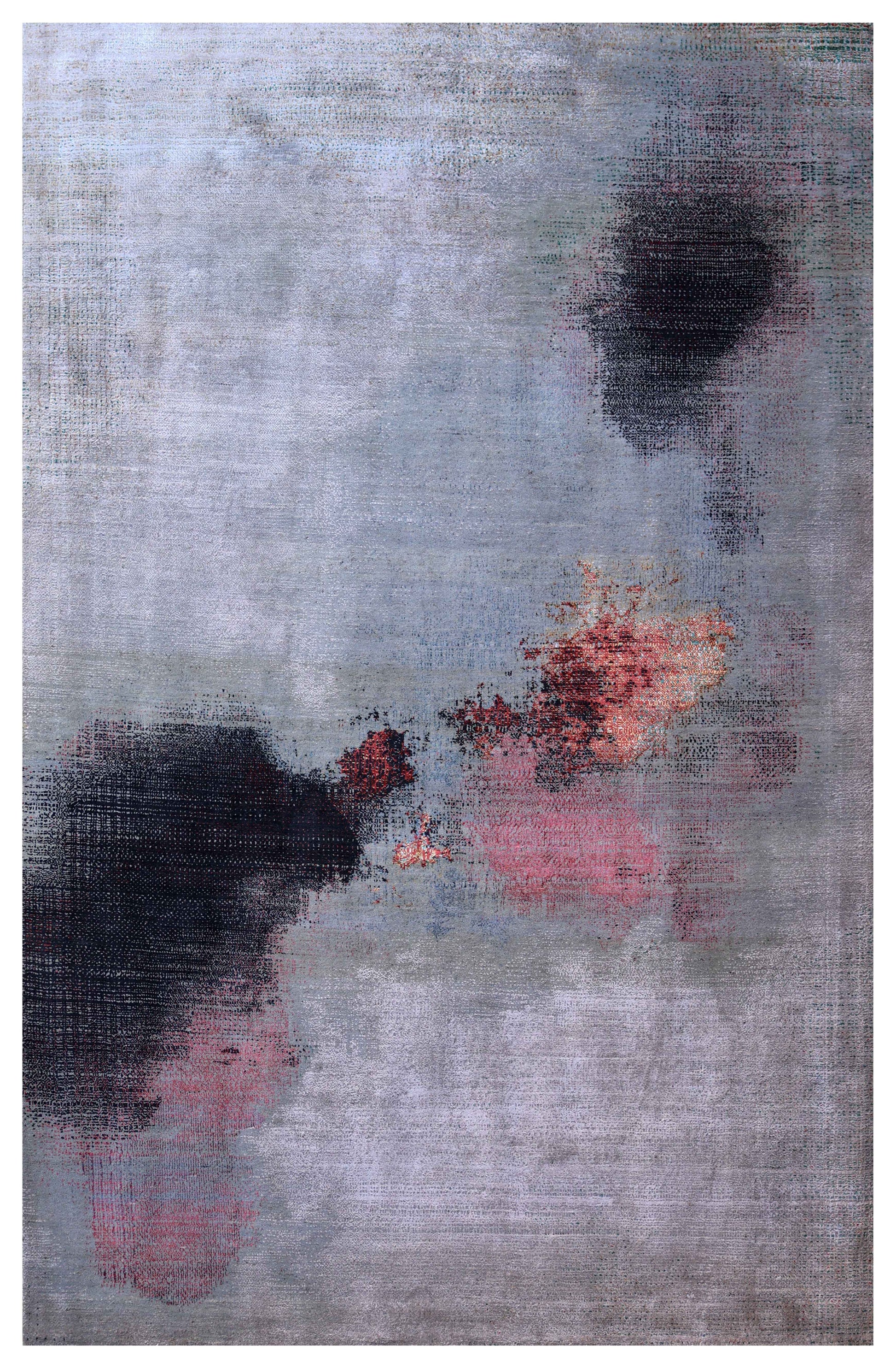 Silver Lavender Grey Charcoal Burgundy Copper Blush Pixel Modern Abstract Hand Knotted Wool Viscose 85 KPSI 6.6x10 Area Rug