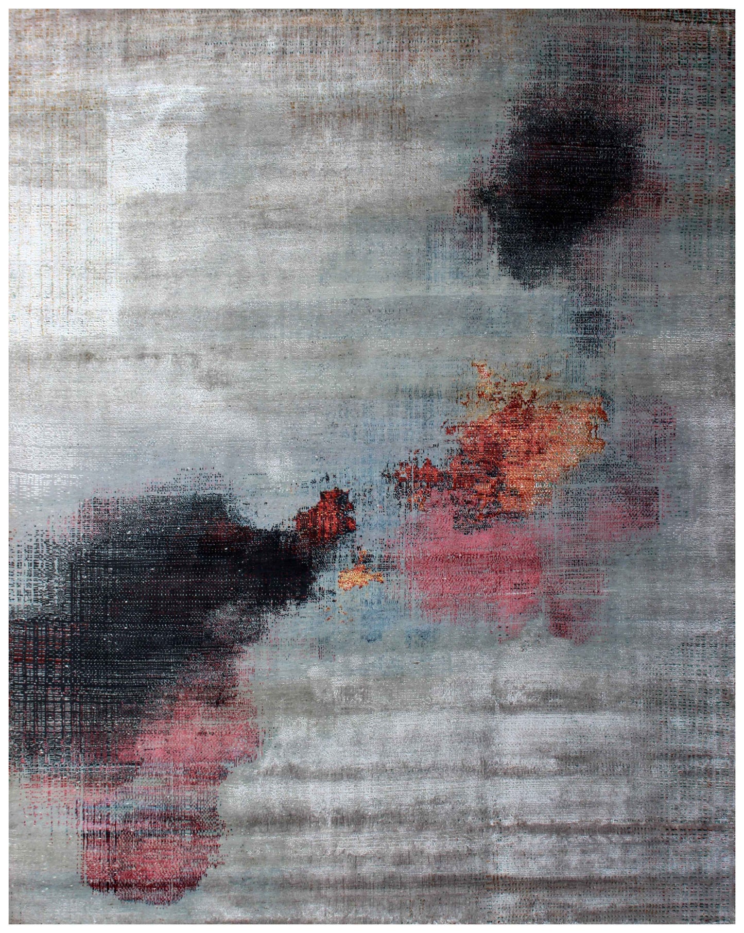 Silver Grey Charcoal Copper Crimson Blush Pixel Modern Abstract Hand Knotted Wool Viscose 85 KPSI 8x10 Area Rug