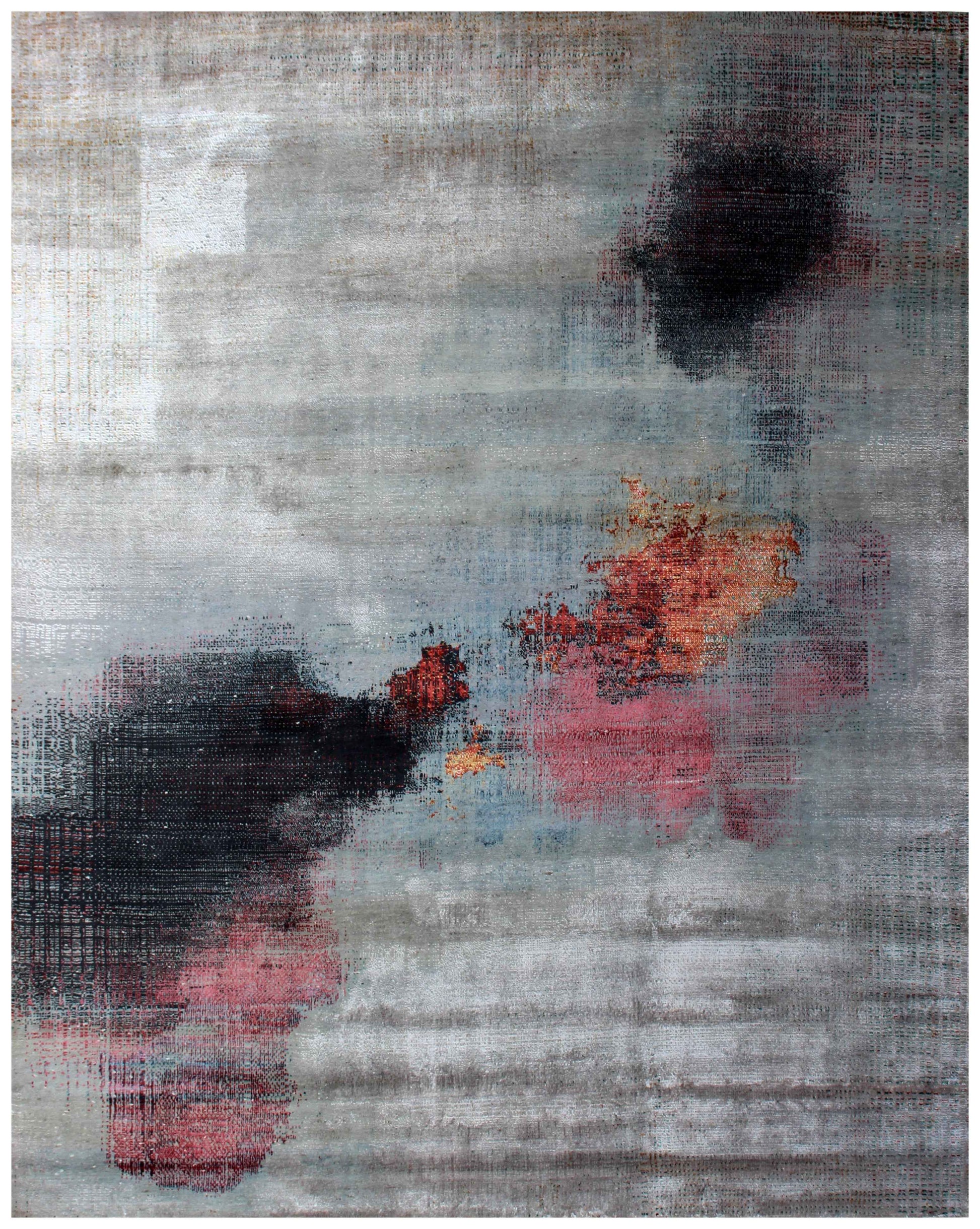 Silver Grey Charcoal Copper Crimson Blush Pixel Modern Abstract Hand Knotted Wool Viscose 85 KPSI 8x10 Area Rug