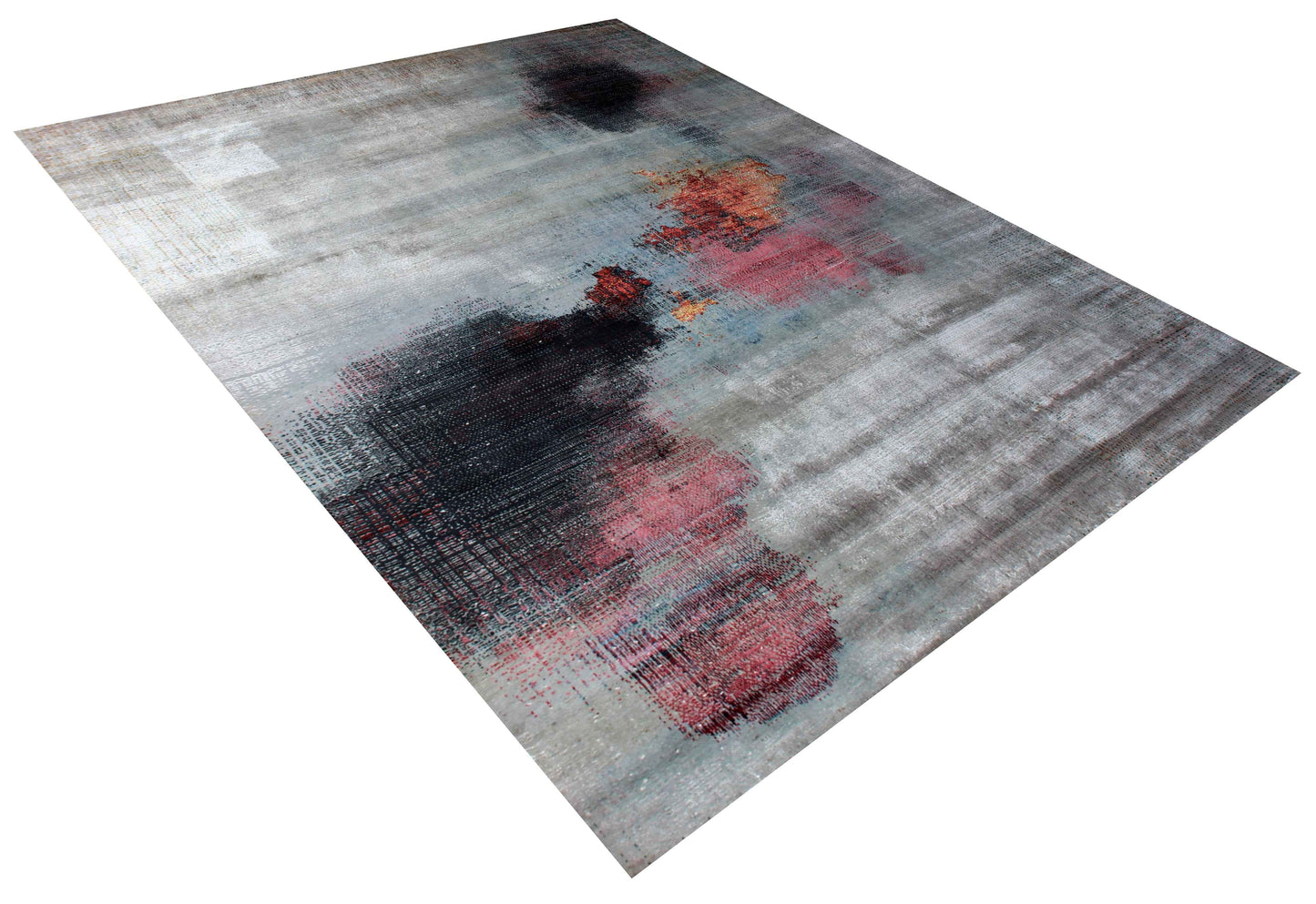 Silver Grey Charcoal Copper Crimson Blush Pixel Modern Abstract Hand Knotted Wool Viscose 85 KPSI 8x10 Area Rug