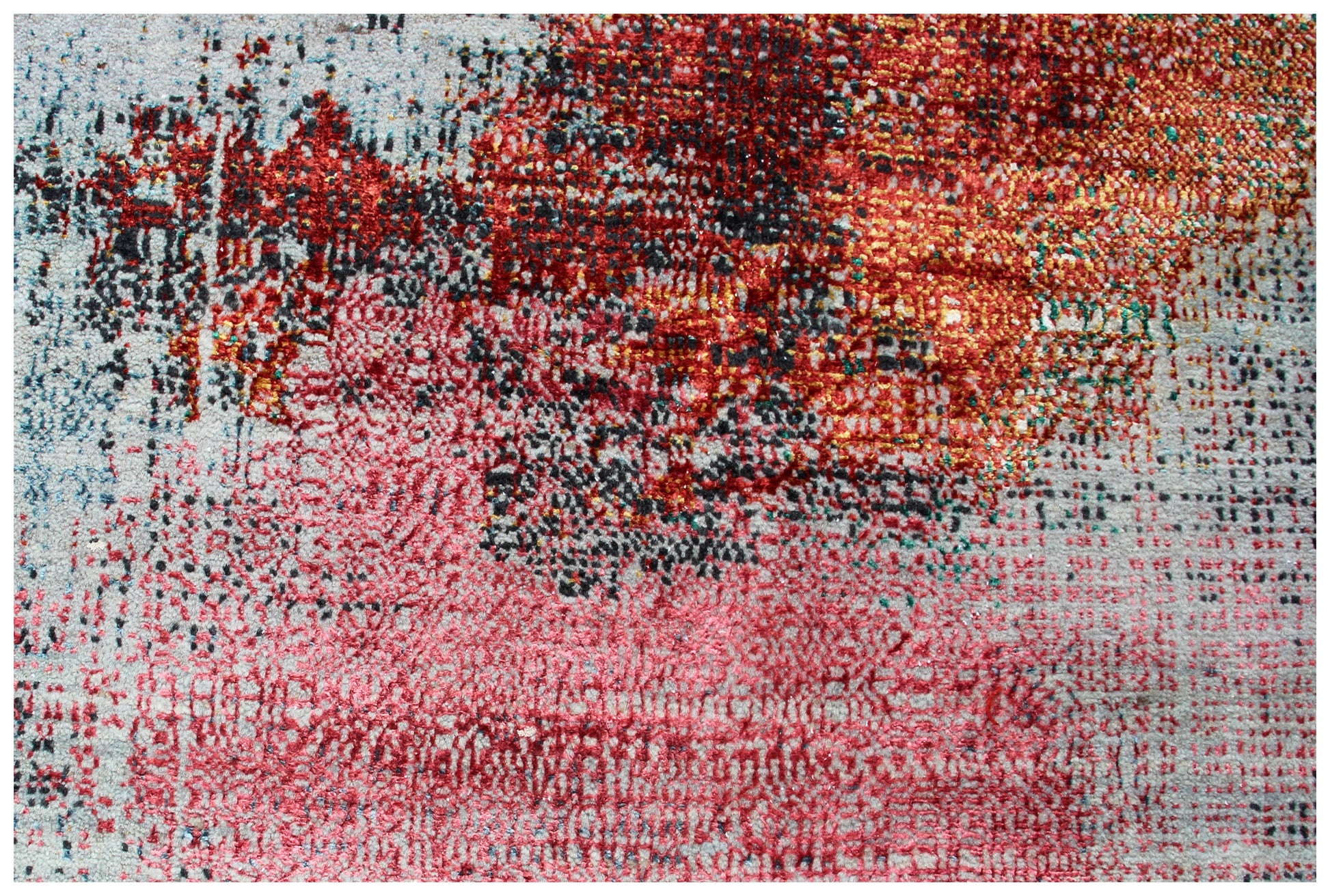 Silver Grey Charcoal Copper Crimson Blush Pixel Modern Abstract Hand Knotted Wool Viscose 85 KPSI 8x10 Area Rug
