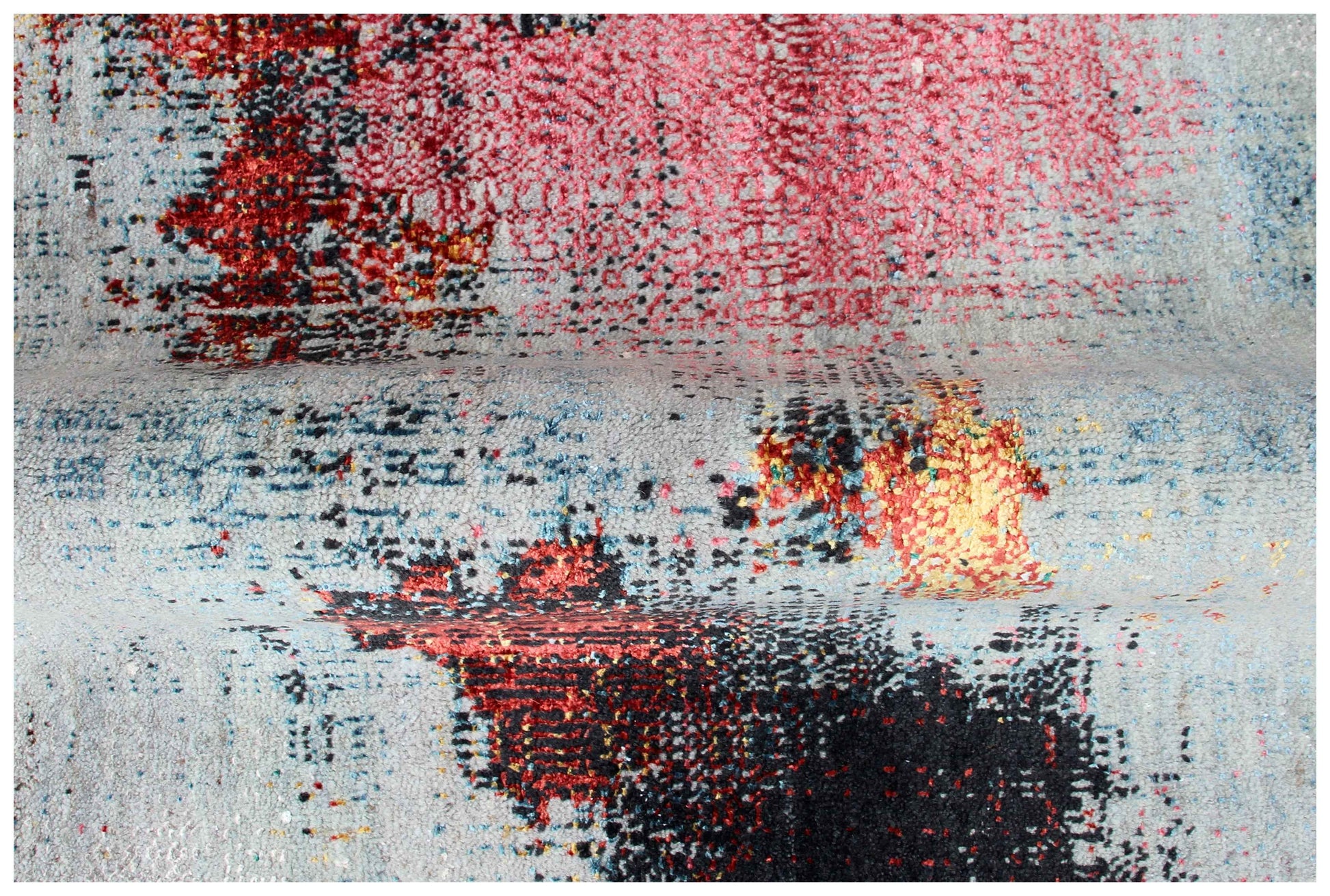 Silver Grey Charcoal Copper Crimson Blush Pixel Modern Abstract Hand Knotted Wool Viscose 85 KPSI 8x10 Area Rug