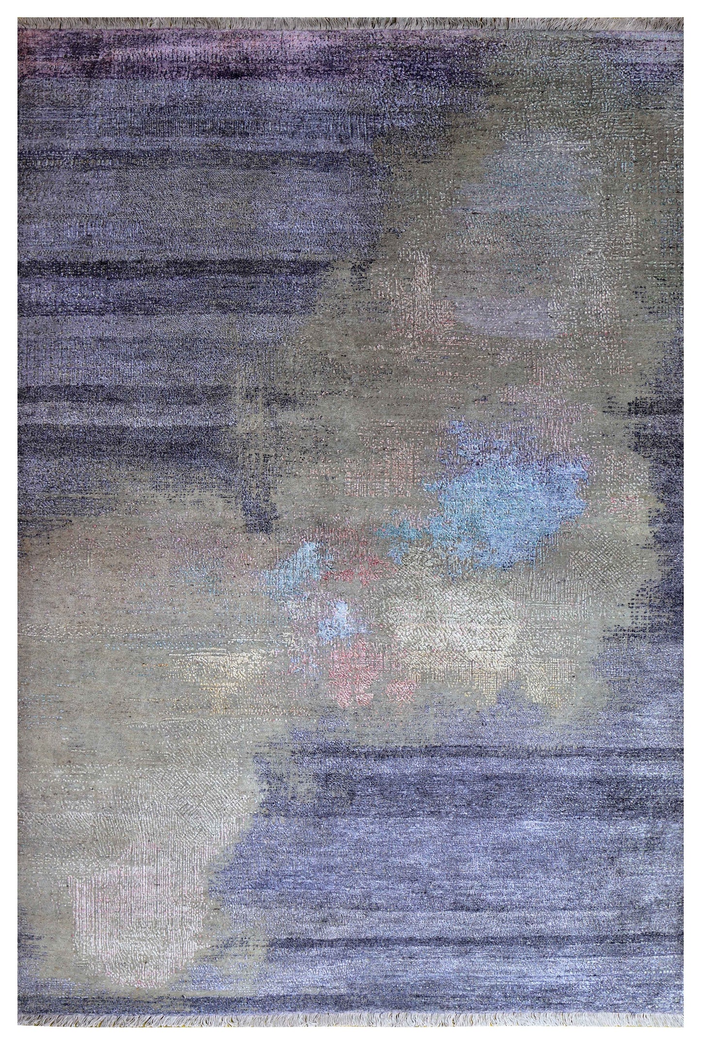Blue Grey Slate Stripe Ivory Blush Modern Abstract Fringed Hand Knotted Wool Viscose 85 KPSI 6x8.6 Area Rug