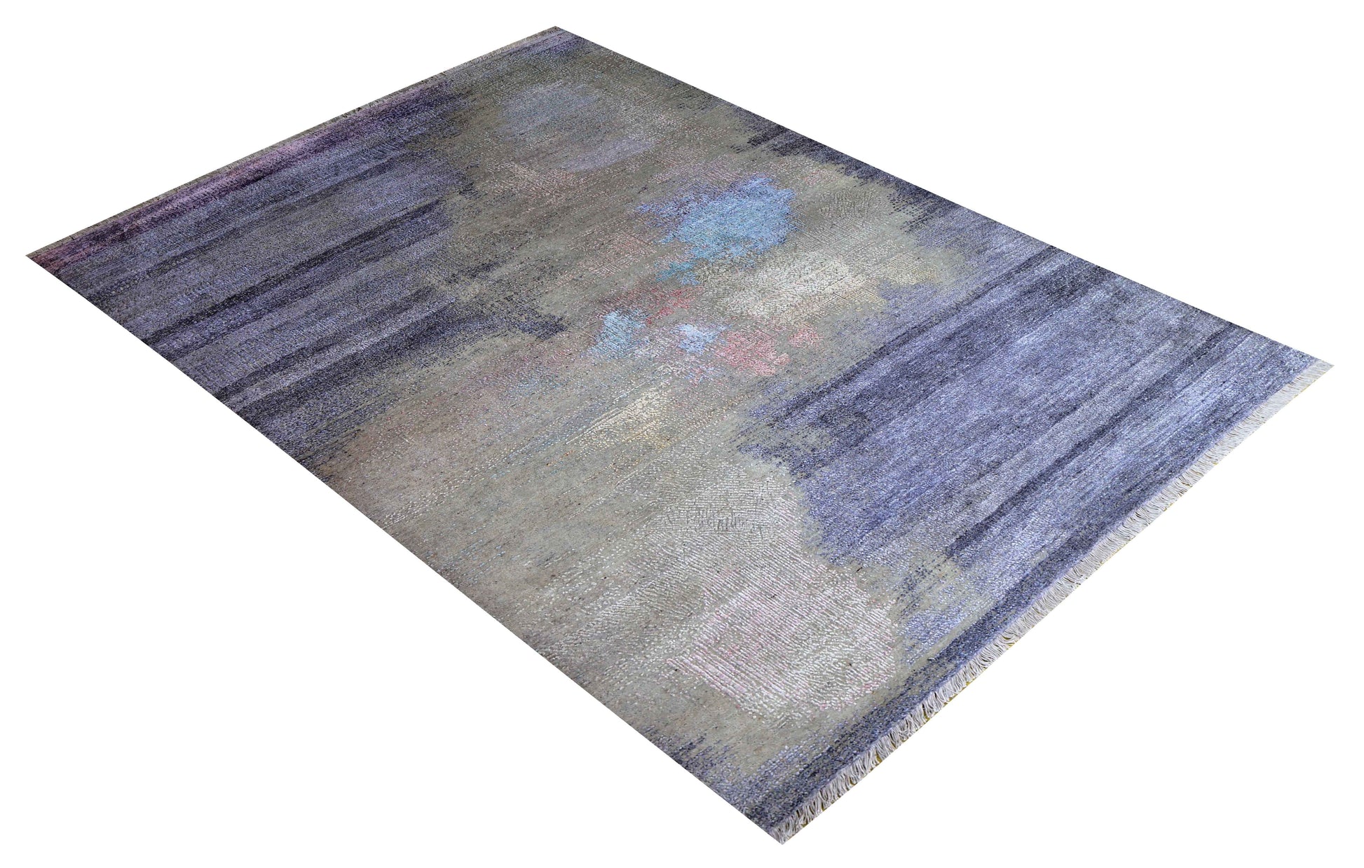 Blue Grey Slate Stripe Ivory Blush Modern Abstract Fringed Hand Knotted Wool Viscose 85 KPSI 6x8.6 Area Rug