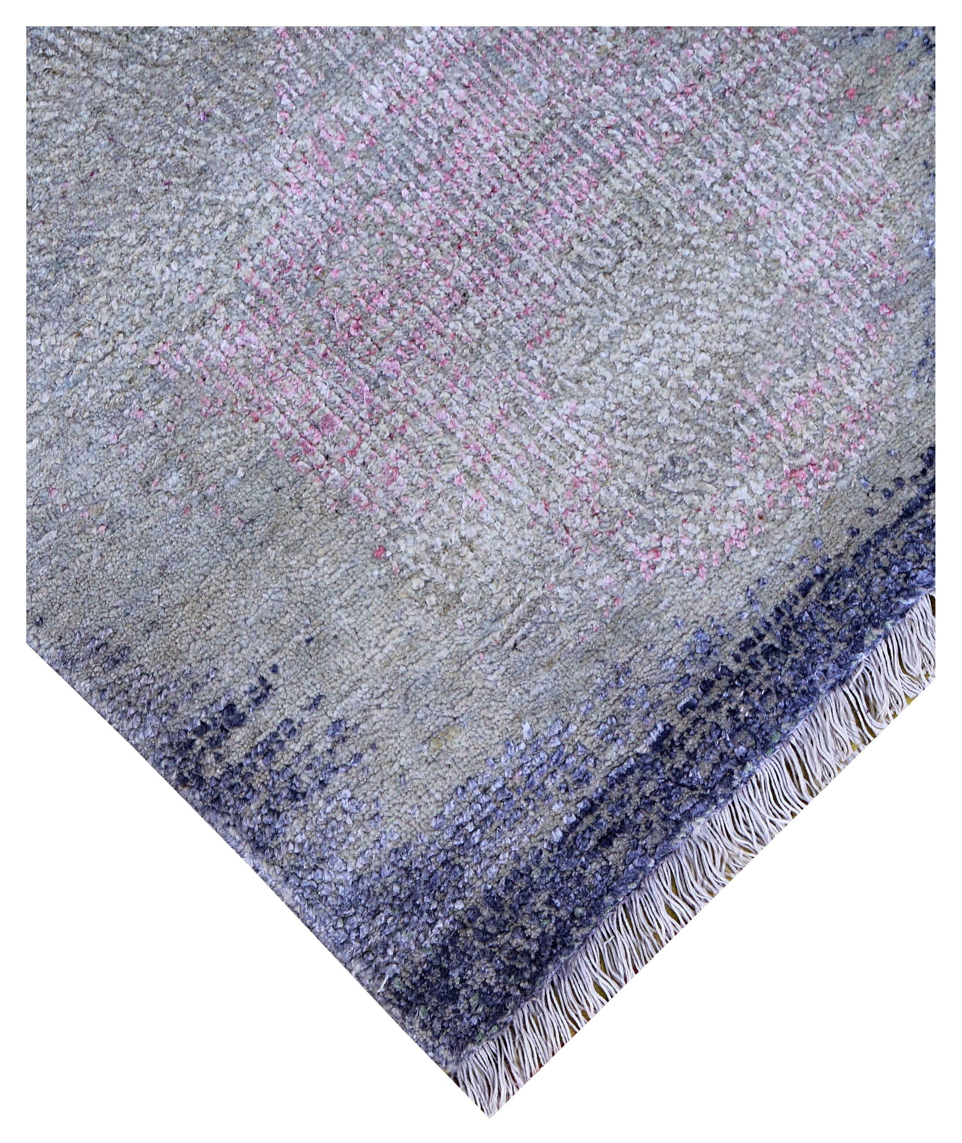 Blue Grey Slate Stripe Ivory Blush Modern Abstract Fringed Hand Knotted Wool Viscose 85 KPSI 6x8.6 Area Rug