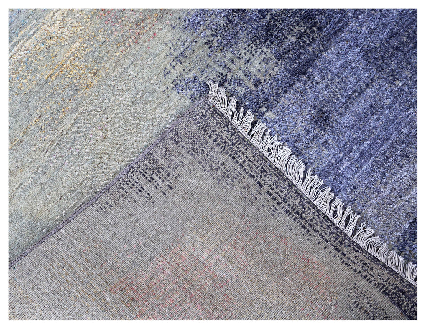 Blue Grey Slate Stripe Ivory Blush Modern Abstract Fringed Hand Knotted Wool Viscose 85 KPSI 6x8.6 Area Rug