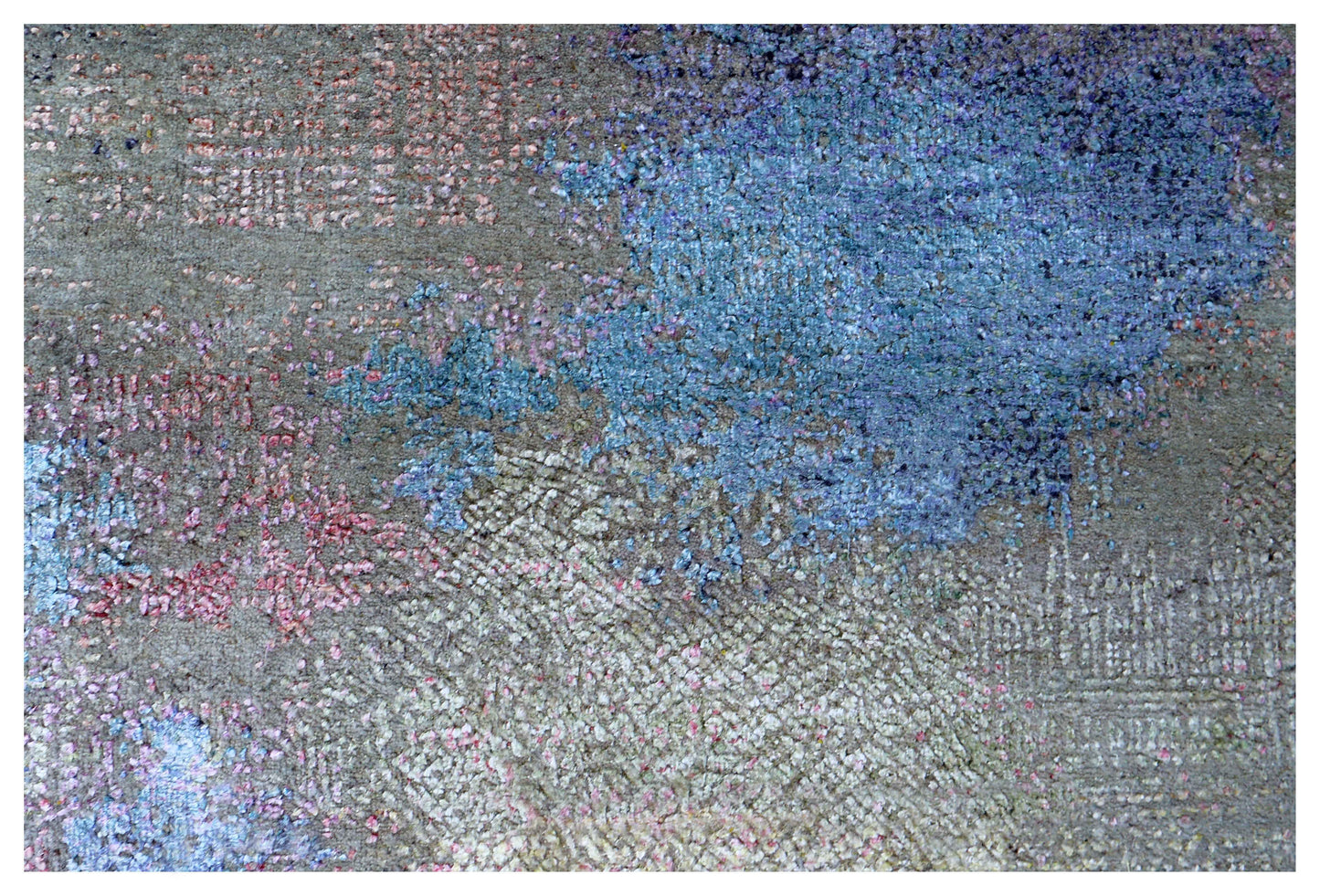 Blue Grey Slate Stripe Ivory Blush Modern Abstract Fringed Hand Knotted Wool Viscose 85 KPSI 6x8.6 Area Rug