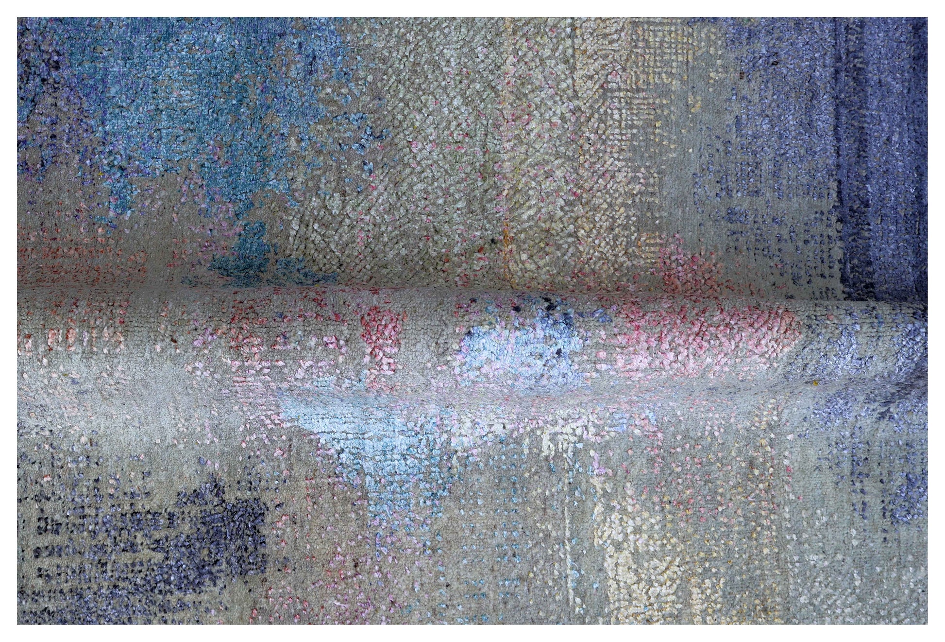Blue Grey Slate Stripe Ivory Blush Modern Abstract Fringed Hand Knotted Wool Viscose 85 KPSI 6x8.6 Area Rug