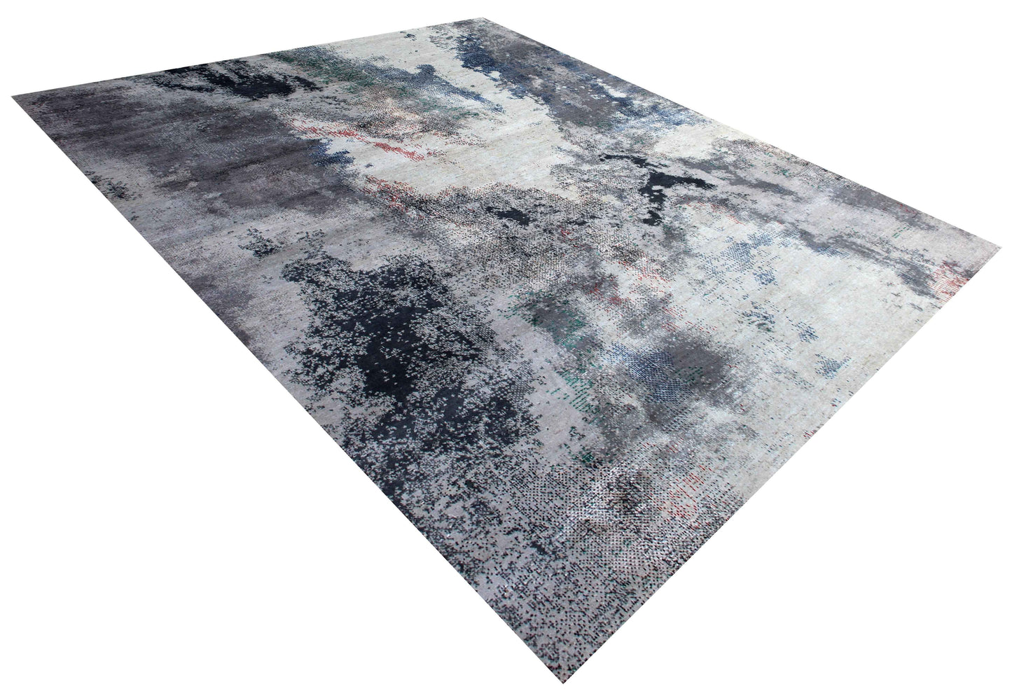 Silver Ivory Navy Teal Crimson Cloud Modern Abstract Hand Knotted Wool Viscose 85 KPSI 8x10 Area Rug