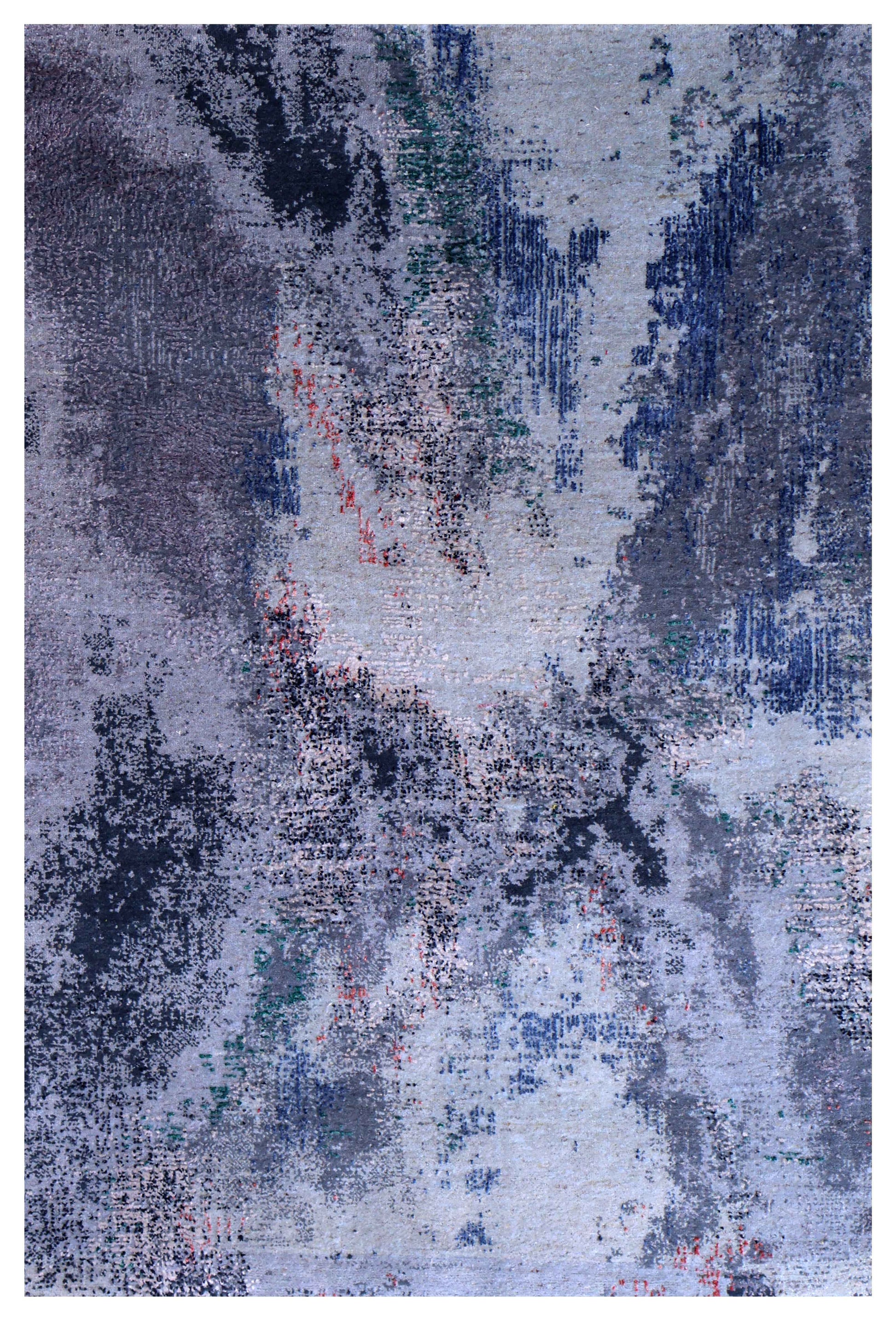 Silver Lavender Navy Cobalt Teal Crimson Cloud Modern Abstract Hand Knotted Wool Viscose 85 KPSI 4x6 Area Rug