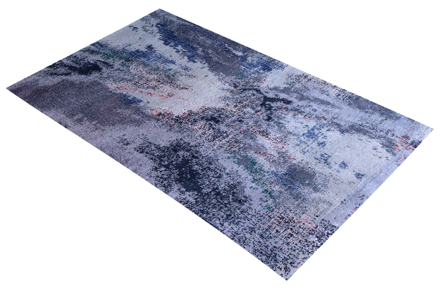 Silver Lavender Navy Cobalt Teal Crimson Cloud Modern Abstract Hand Knotted Wool Viscose 85 KPSI 4x6 Area Rug